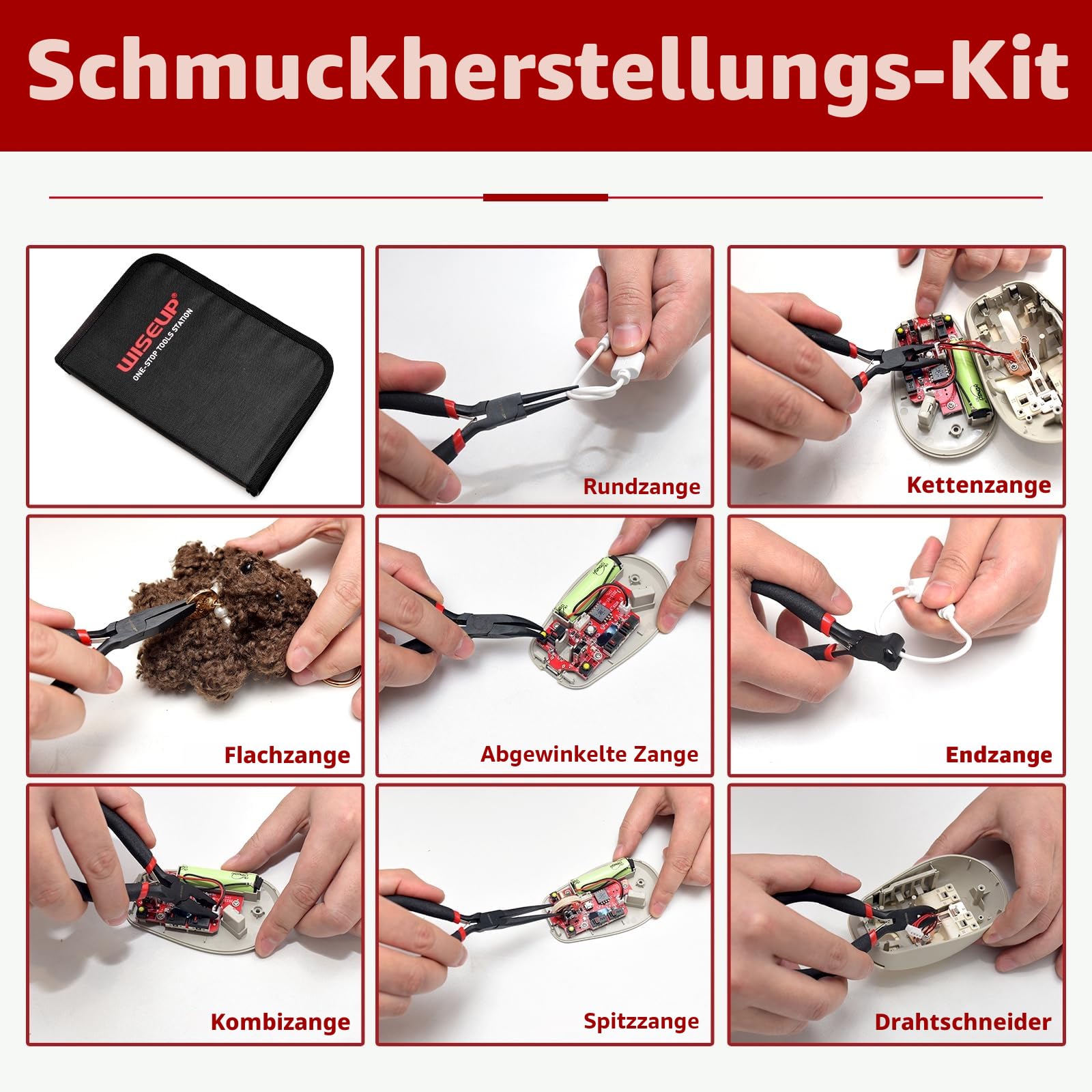 WISEUP 8-teiliges Mini-Zangen-Set, Nadel, rund, flach, lang, gebogene Nase, diagonal, Endschneiden, Linesman-Zangen zum Basteln, Elektronik und Schmuckherstellung, mit Tasche