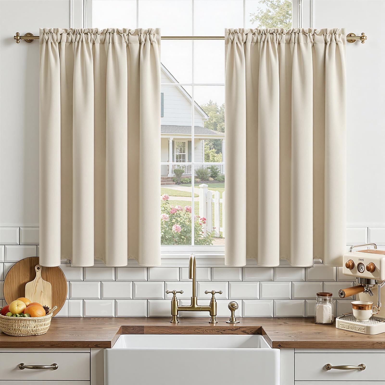 MRTREES Waterproof Blackout Rod Pocket Curtains, Short Thermal Blackout Curtains for Bedroom Kitchen Cafe Cupboard Caravan Bay Window, 2 Panels 90x60 CM 35x24 Inch Beige