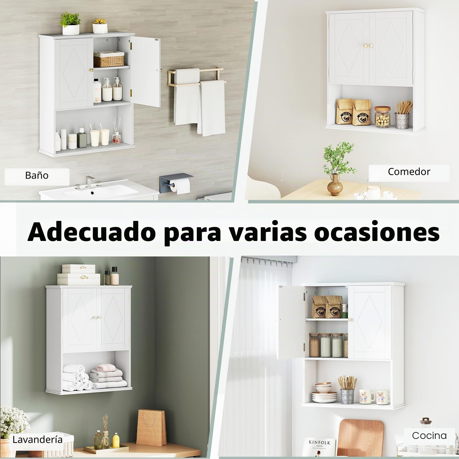 LIFEZEAL Mueble de baño para ahorrar espacio, de pared, blanco, armario suspendido, armario con estante ajustable, compartimento abierto, mueble moderno, para cocina, lavandería, de madera, 60 x 21 x