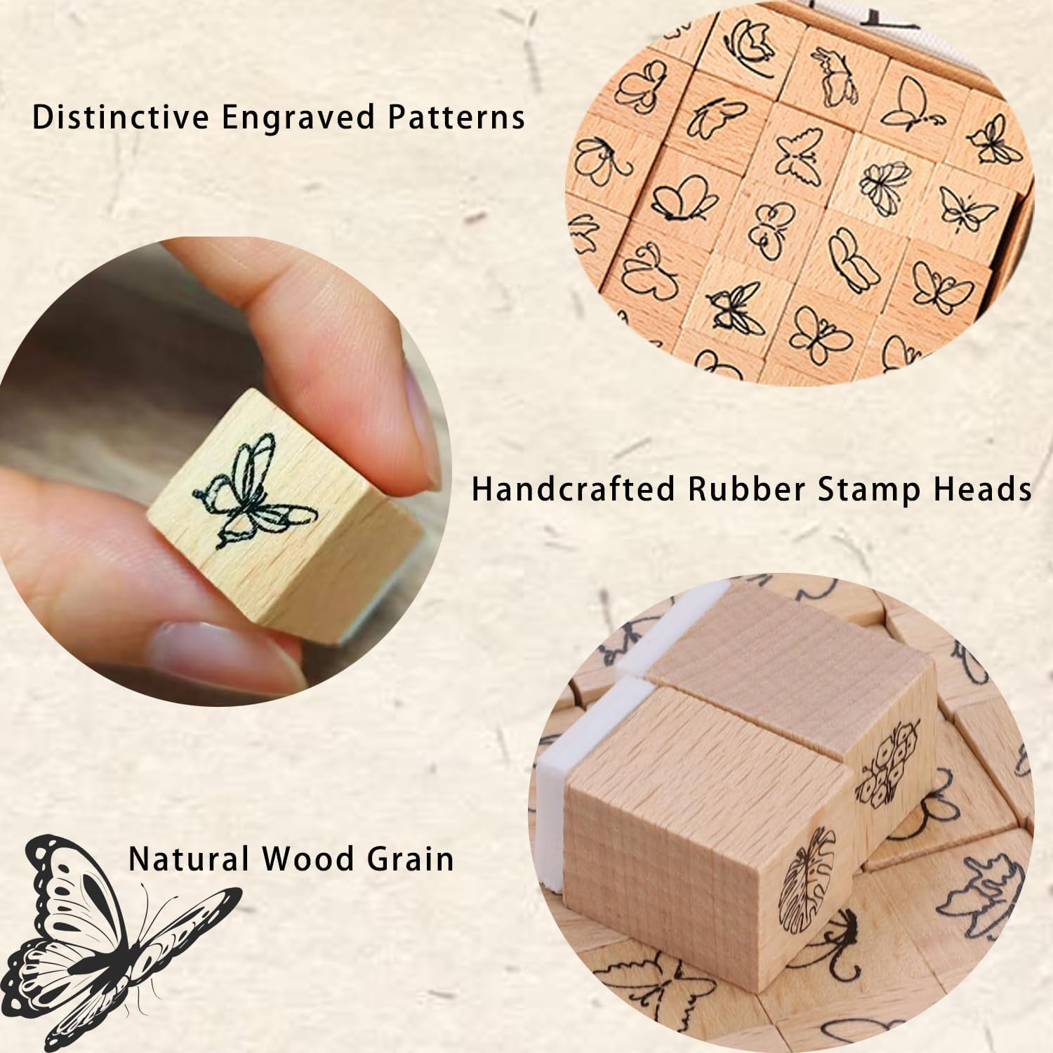 Wooden Rubber Stamp Set with Butterfly, Plant & Flower Designs for Card Making, Scrapbooking, Art Journaling, DIY Crafts Perfect for Holidays, Birthdays (50)