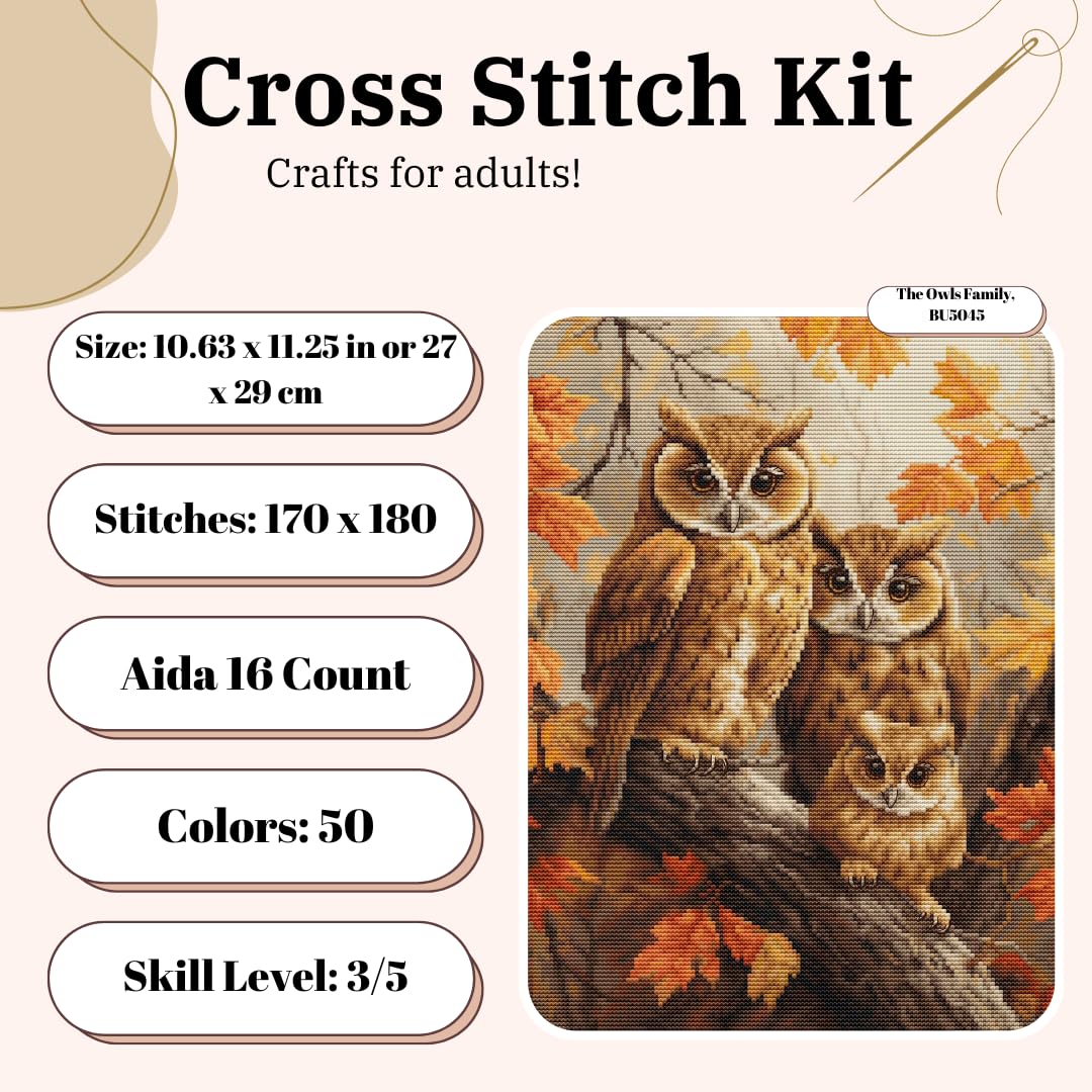 Luca-S Cross Stitch Kit The Owls Family, BU5045, Counted Cross Stitch Kit for Adults Needlecraft and Embroidery Kit - Image 2