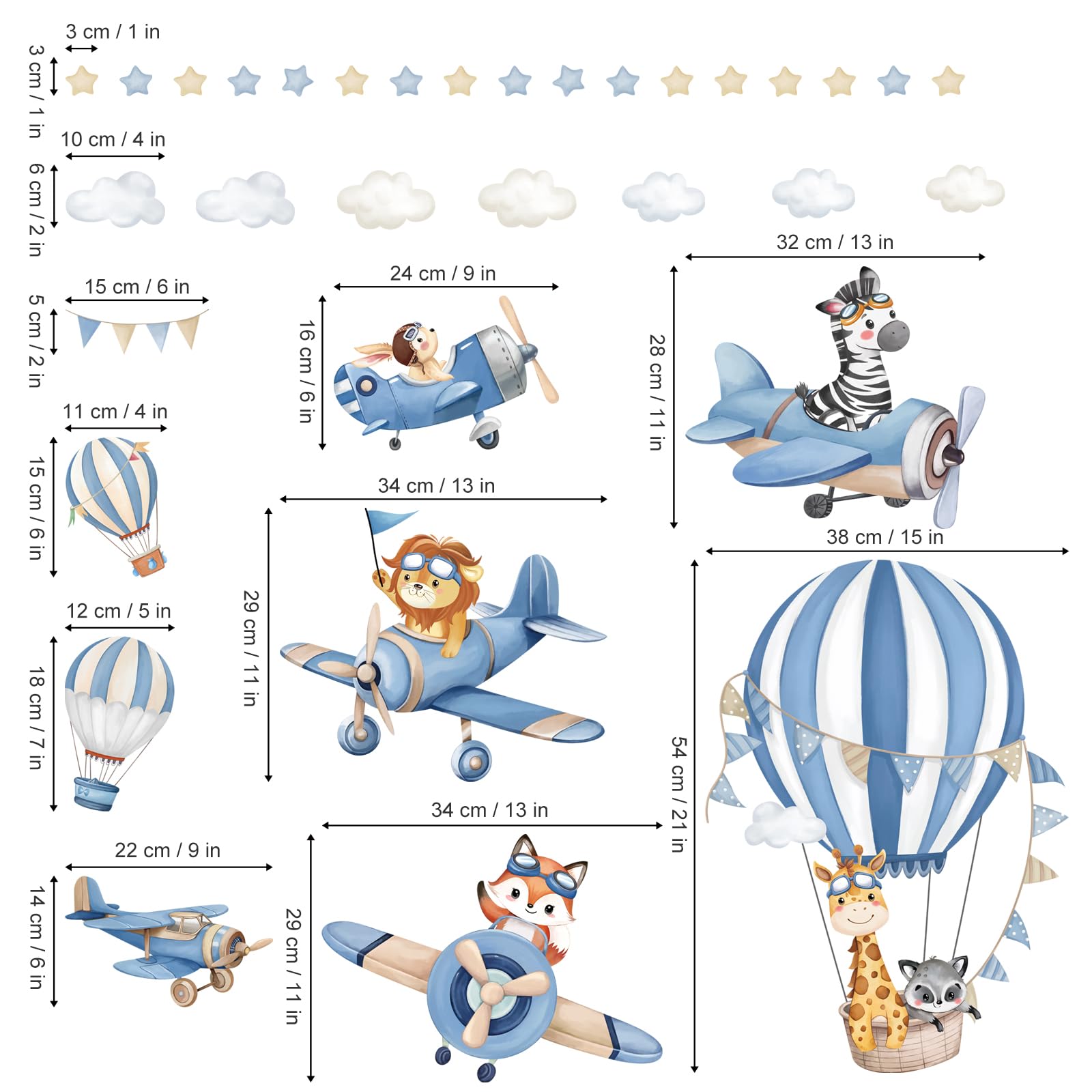 decalmile Pegatinas de Pared Animales Globos Aerostáticos Azul Vinilos Decorativos Avión Animales Jirafa León Zorro Adhesivos Pared Habitación Infantiles Niños Bebés Guardería