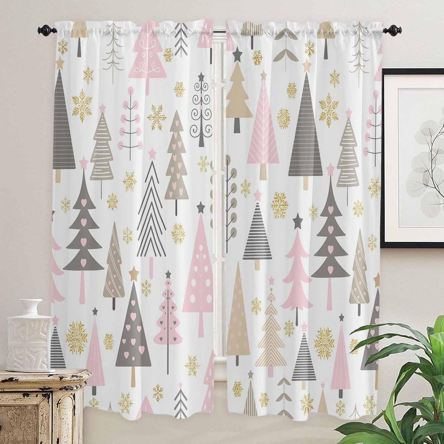 Pink Grey Christmas Window Curtains 72 Inch Long 2 Panel Set, Rod Pocket Long Curtains & Drapes, Xmas Tree Snowflake Winter Light Filtering Window Treatment for Bedroom Living Room 52"W x 72"L