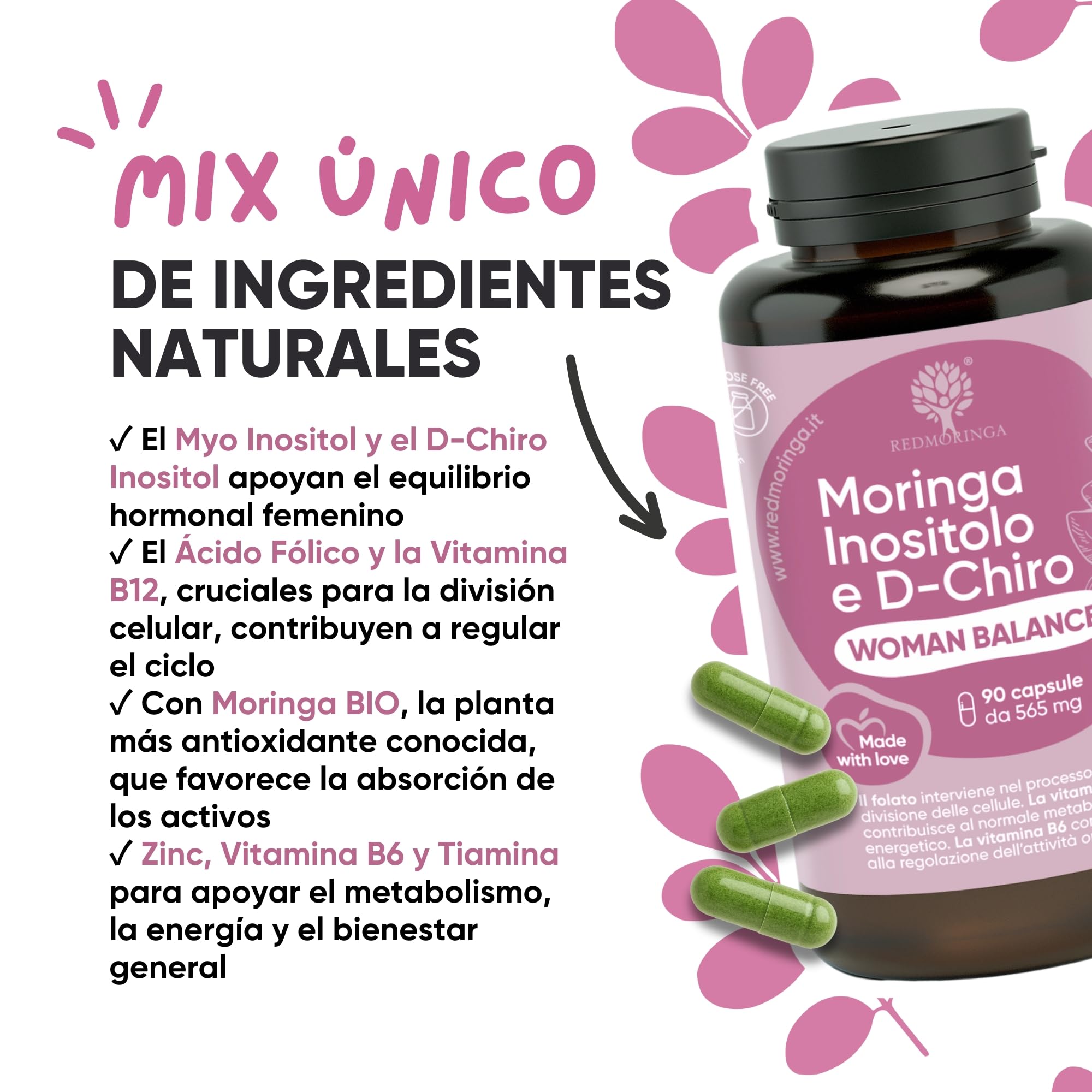 Myo-Inositol + D-Chiro Inositol | Vitaminas B12, B6, D, Ácido Fólico y Moringa Bio | Complemento Woman Balance PCOS (Síndrome de Ovario Poliquístico) | Regularidad Menstrual | 270 Cápsulas RedMoringa