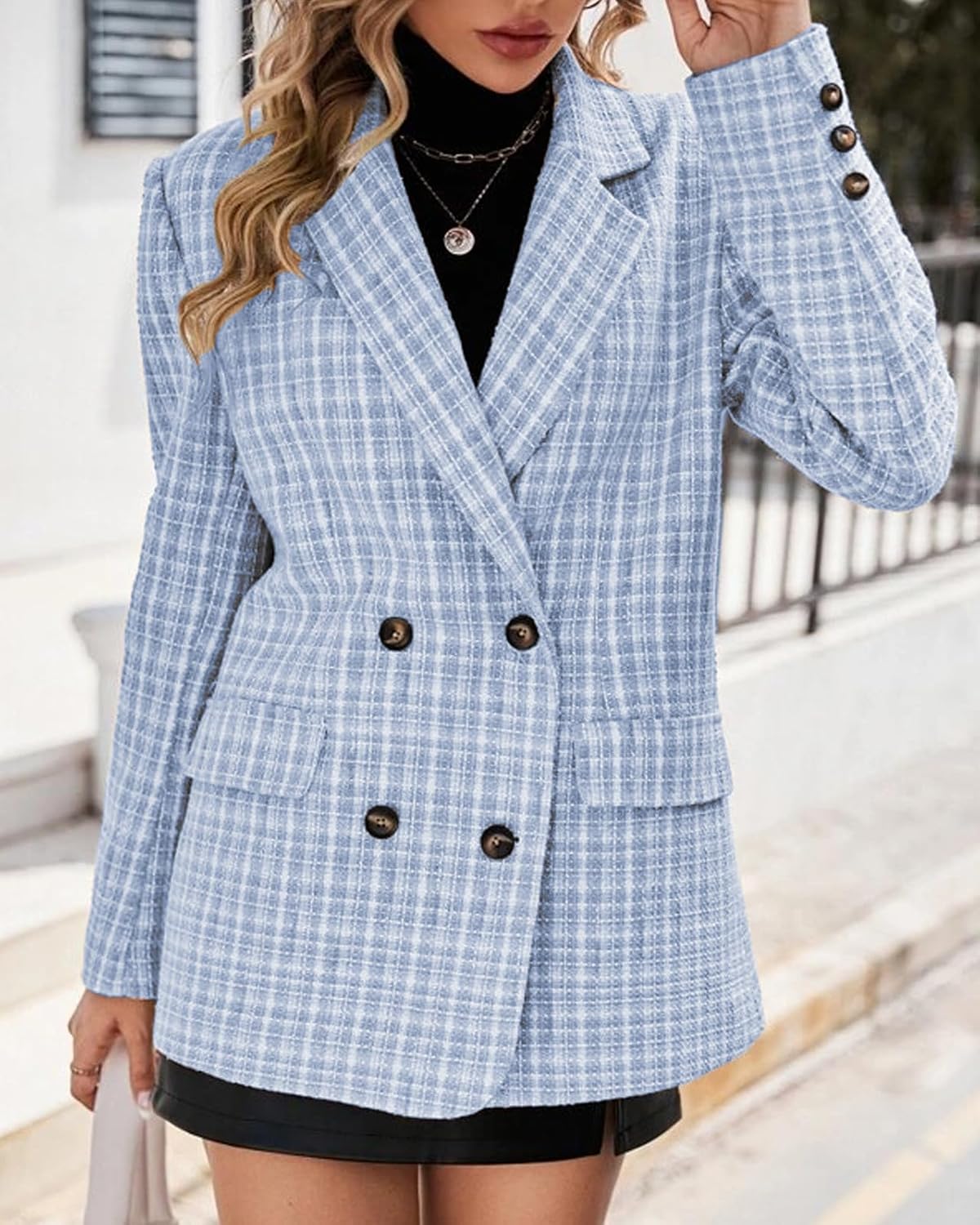 Mina Self Plaid Tweed Blazer Jacket for Women 2026 Fashion Elegant Open Front Casual Work Office Pocket Suit Coat(S-XXL) - Image 4
