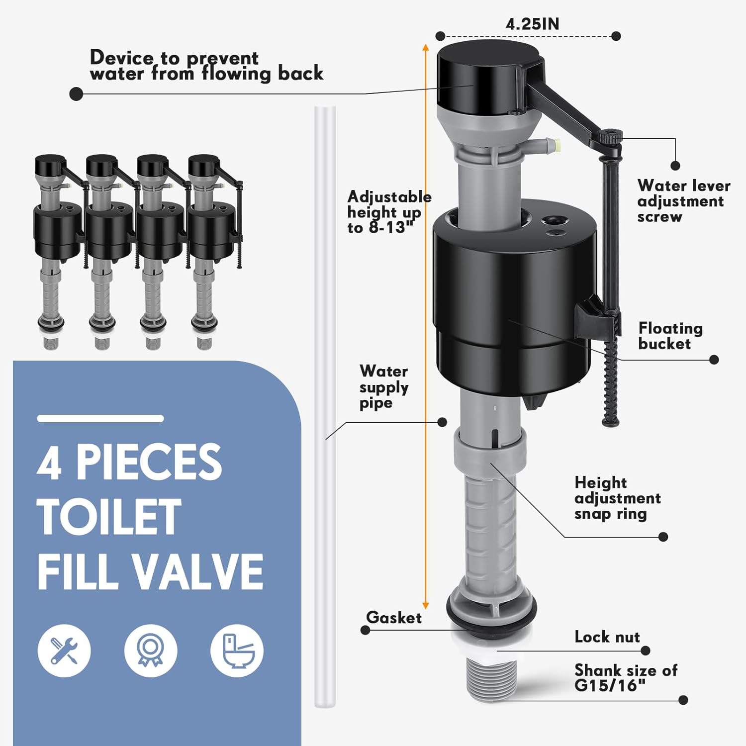 Lasnten 4 Pieces Toilet Fill Valve Toilet Tank Replacement Kit Valve Replacement Kit for Tank and Bowl Water Control