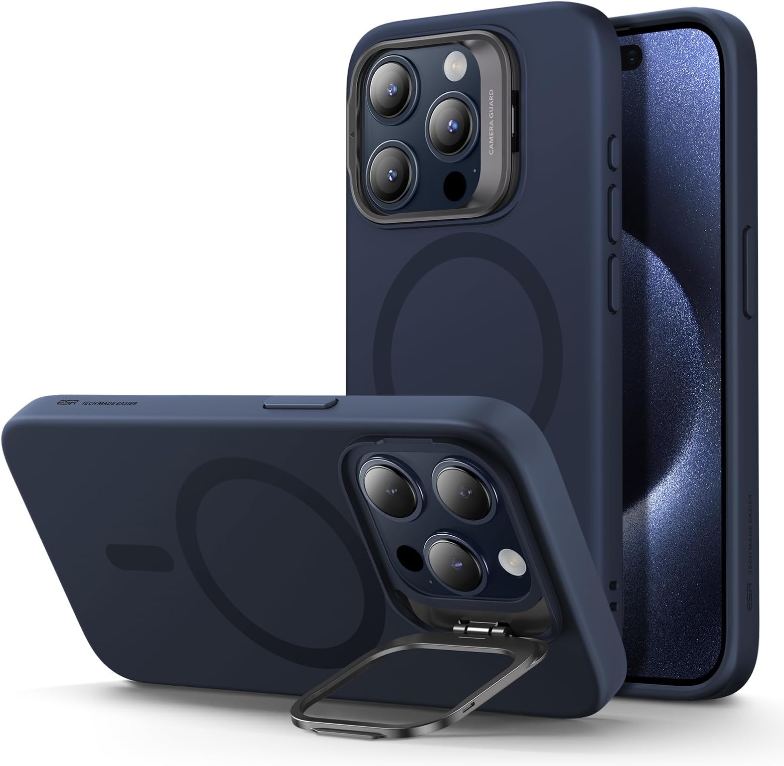 ESRfor iPhone 15 Pro Silicone Case with Stand, Compatible with MagSafe, Military-Grade Protection, Built-In Camera Stash Stand, Magnetic Phone Case for iPhone 15 Pro, Cloud Series, Dark Blue