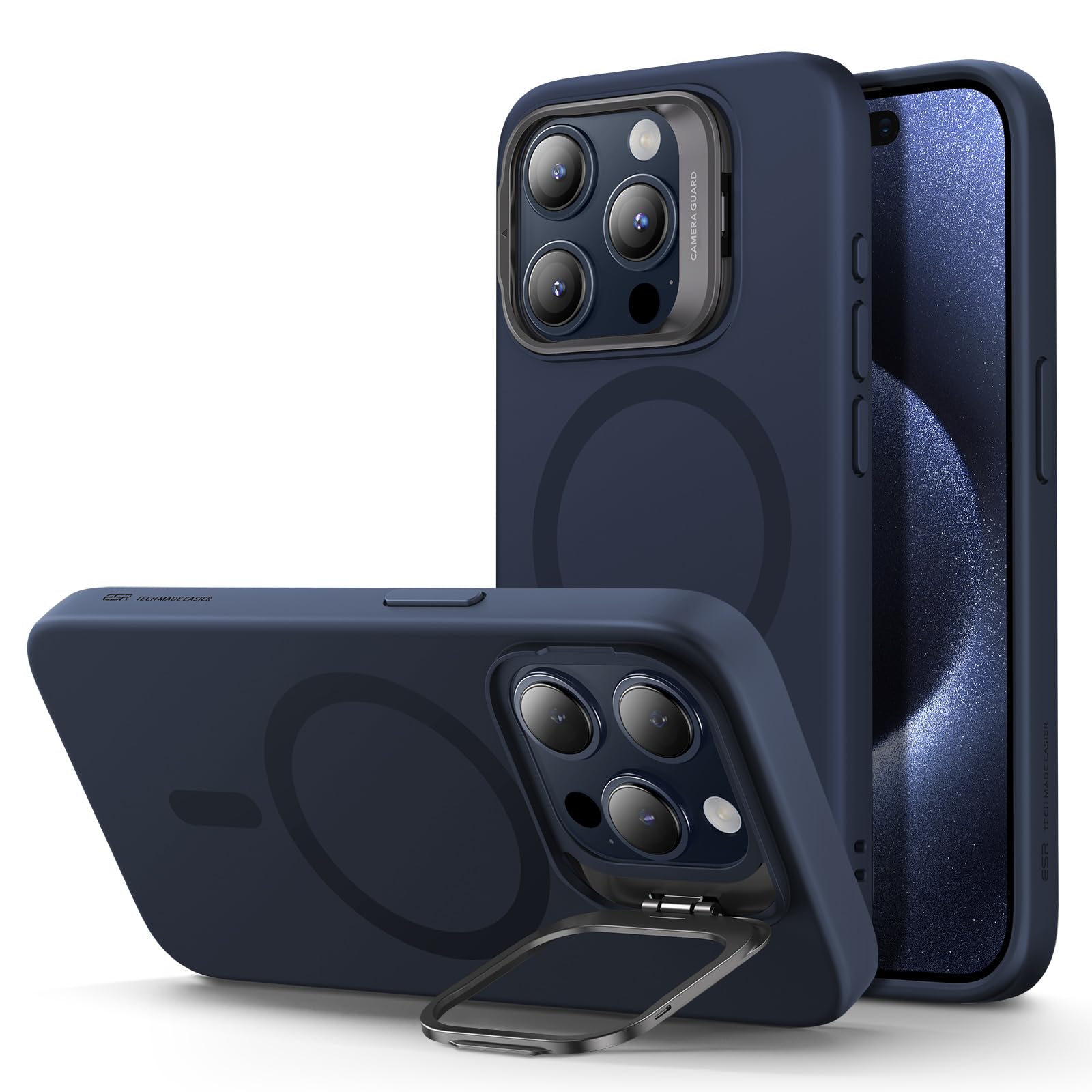 ESR for iPhone 15 Pro Case, MagSafe Silicone Case with Stand, Military-Grade Protection, Built-in Camera Stash Stand, Magnetic Phone Case for iPhone 15 Pro, Cloud Series,Dark Blue