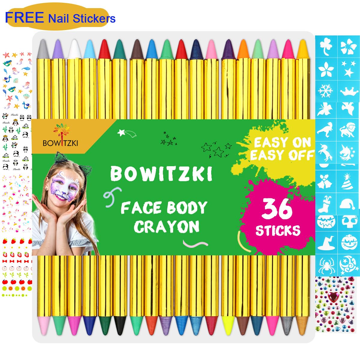 BowitzkiFace Paint Crayons for Kids 36 Colors Jumbo Body Painting Marker Sticks Makeup Crayons Kit with Face Painting Stencils Nail Sticker Jewels