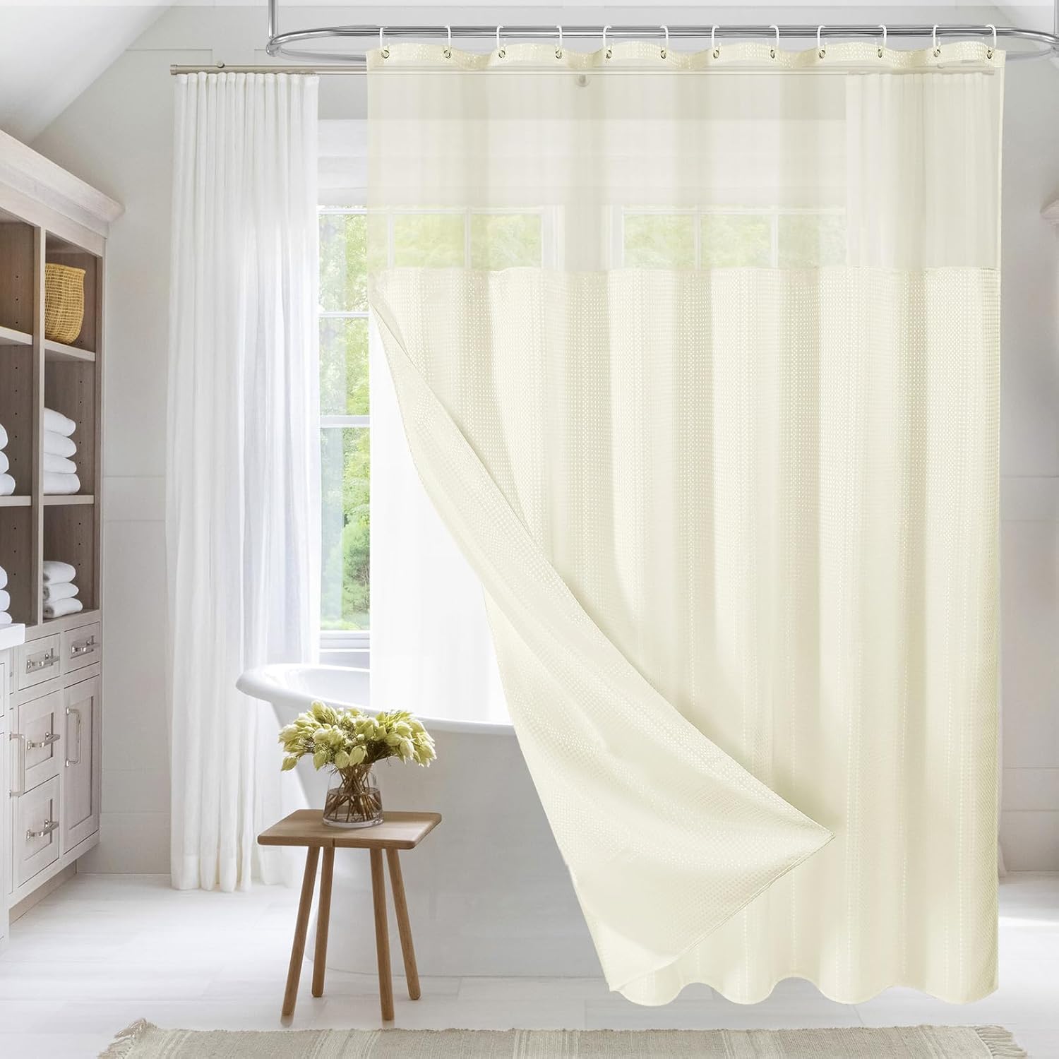 MitoVilla Ivory Waffle Shower Curtain with Snapin Liner
