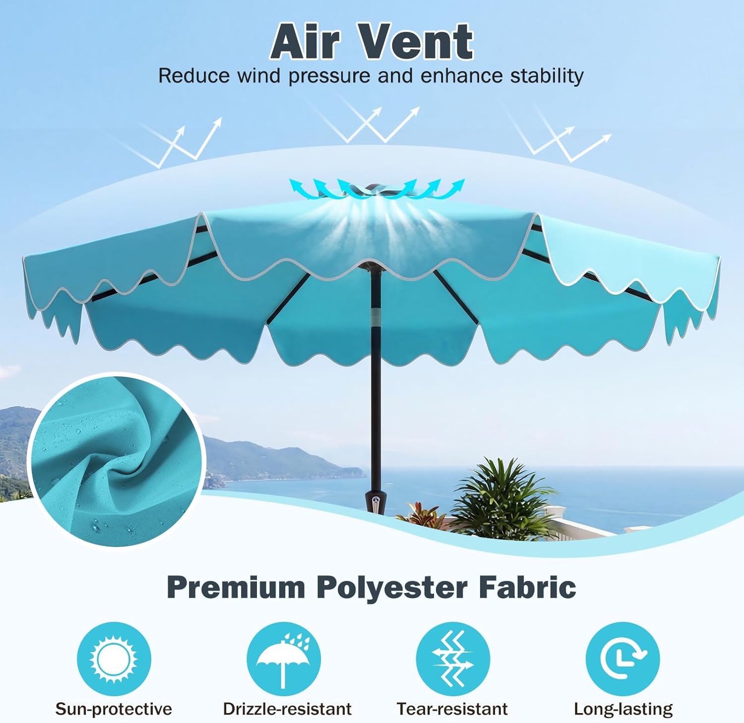 Tangkula 9 FT Patio Umbrella with Base Included, 2-Tiers Outdoor Scalloped Table Umbrella with 2 Sandbags, Tilt Adjustment, Crank, 8 Ribs for Market Backyard Pool Deck Beach Lawn