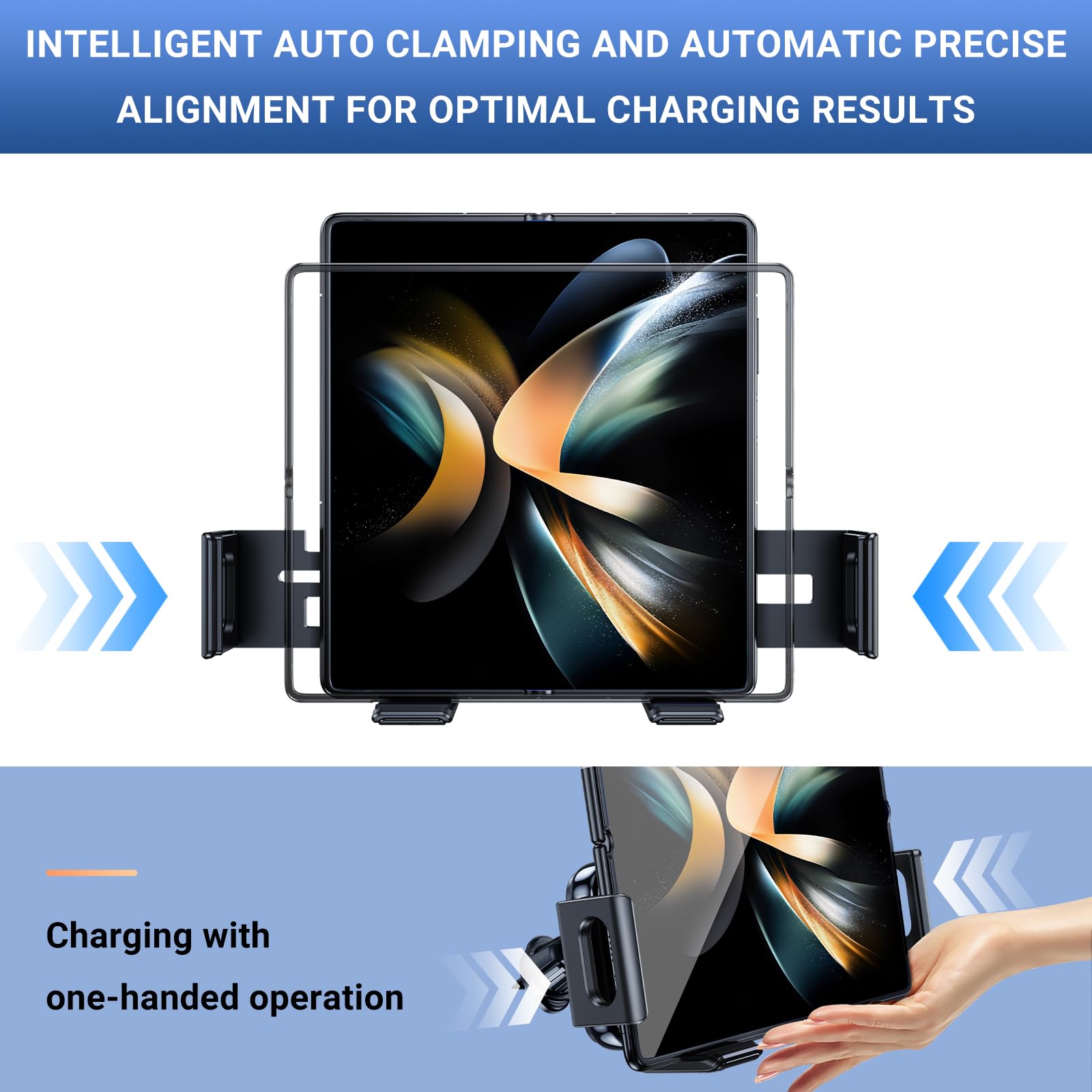 Caricabatteria da auto senza fili con sensore rapido, doppia bobina, supporto per telefono girevole automatico per Samsung Galaxy Z Fold 5/Z Fold 4/3/2 Oppo Find N2
