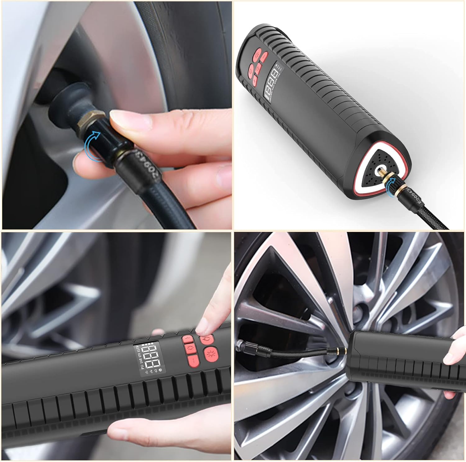 Connecting the inflation hose to the Neakhmer Portable Air Compressor and to a tire valve.