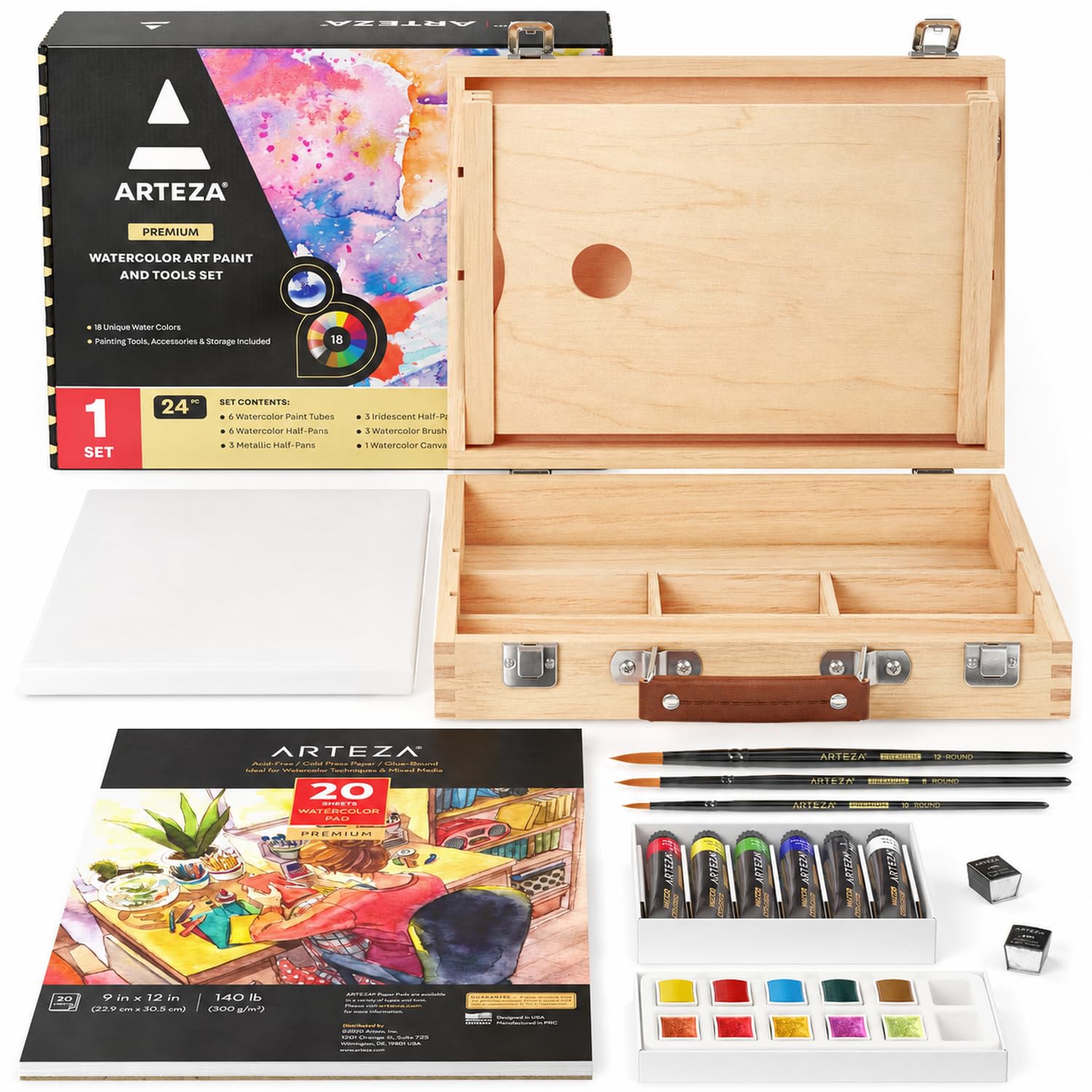 Watercolor Paint Kit, 24 Pieces, 18 Vibrant Watercolors, 3 Watercolor Brushes, Watercolor…