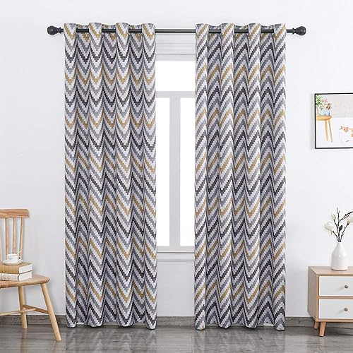 Miniatura 2 de Autumn Dream Cortinas opacas con ojales en la parte superior de Chevron Bohemia para sala de estar, 52 x 63 pulgadas, amarillo, 1 panel