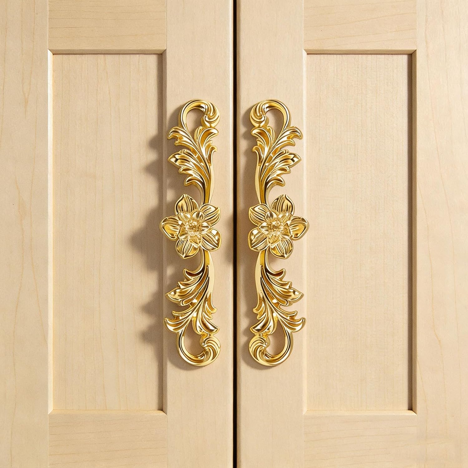 2Pcs Golden Floral Cabinet Handles, Vintage Drawer Pulls for Furniture Dresser Wardrobe - Antique Decorative Hardware Knobs
