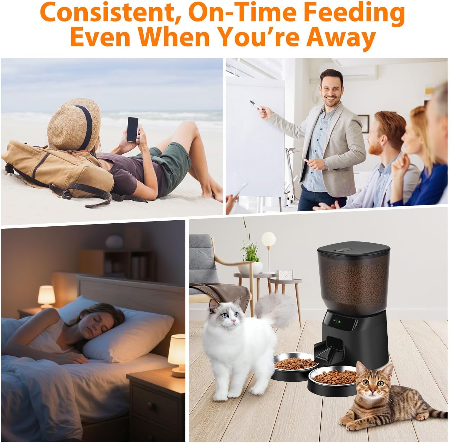 Automatic Cat Feeders for Two Cats, 5L/20 Cups Double Automatic Cat Food Dispenser with 2 Stainless Bowls, Timer Setting 20 Portions 6 Meals Per Day, 10s Meal Call (WiFi丨 Black)