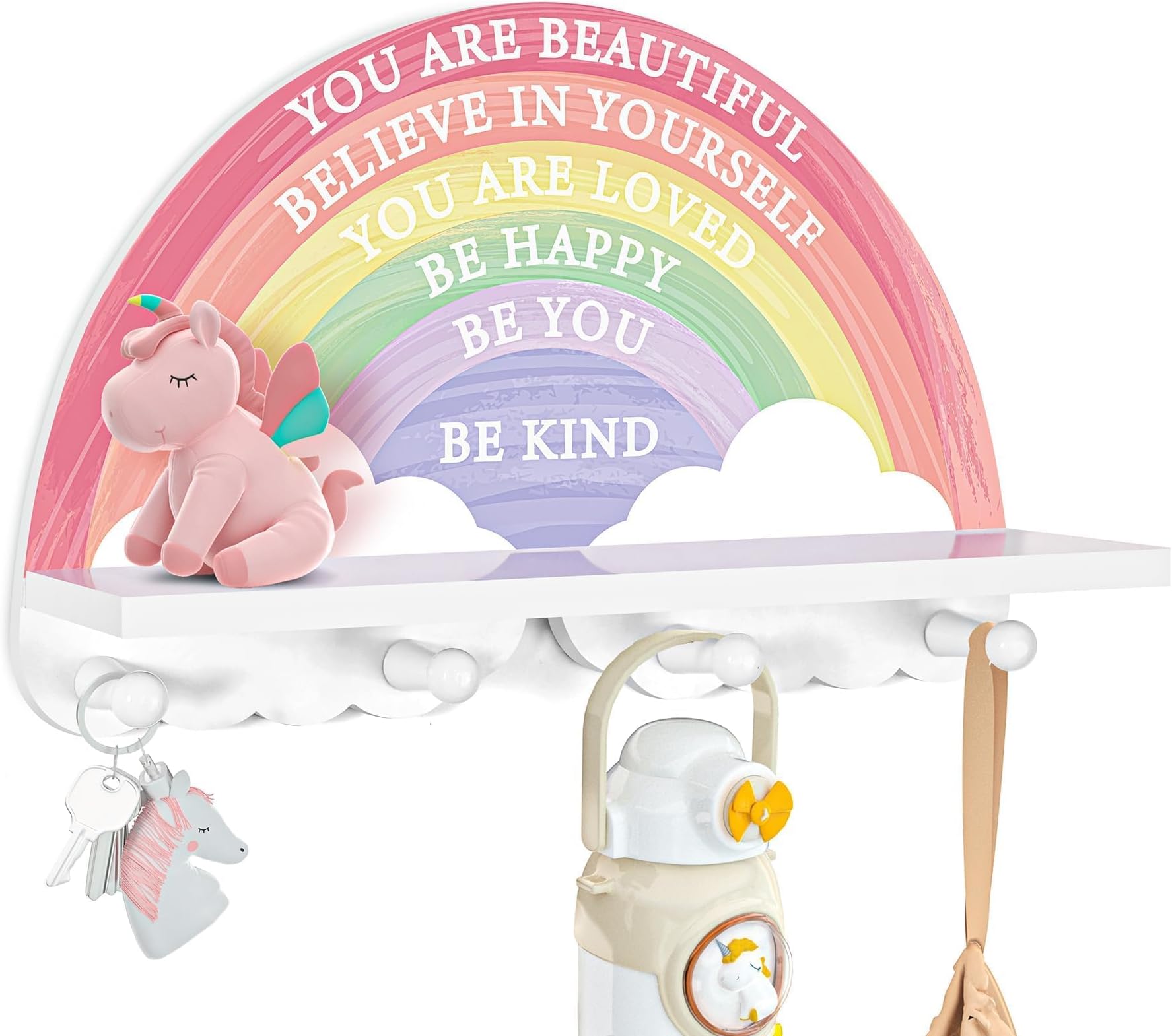 Garybank Rainbow Shelf Decor for Girls Room Wall, Wooden Rack with 4 Pegs Hooks - Wall Mount Coat Rack, Boho Rainbow Classroom Decor, Bedroom & Bathroom Decoration, Unicorn Girl Gifts for Christmas
