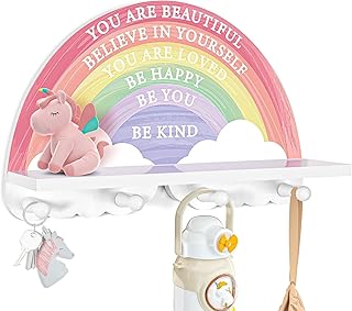 Garybank Rainbow Shelf Decor for Girls Room Wall, Wooden Rack with 4 Peg...
