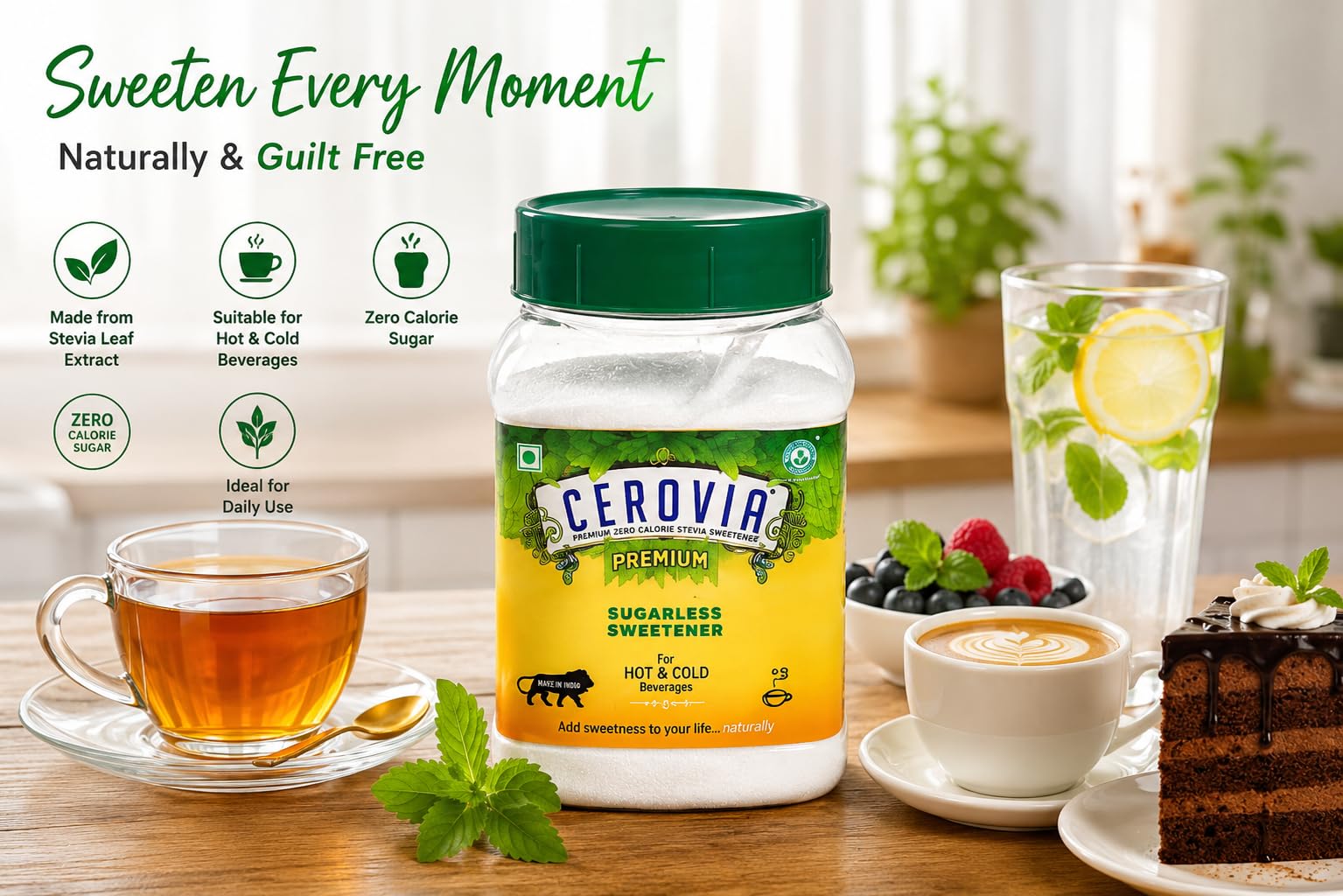 Cerovia Stevia Sweetener, Sugar free, Natural Sugar Substitute, Zero calories (100gm) 1