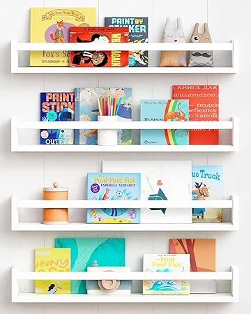 Forbena 24 Inch Wall Bookshelf for Kids Bedroom Set of 4, White Floating Nursery Book Shelves for Baby Toddler Children Girls Boys Room Decor, Large Wood Wall Mount Bookshelves and Toy Storage