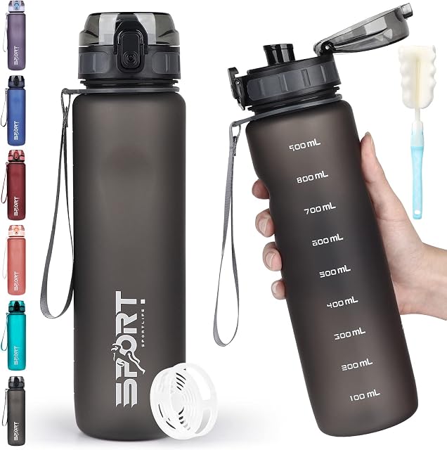 HASAGEI Water Bottle 1L Sports Water Bottle Leak-proof Drinking Bottle Dishwasher Safe BPA Free Sports Bottle with Capacity Scale for Bicycle, Outdoor, School, Gym (Frosted Black), (SH0006)