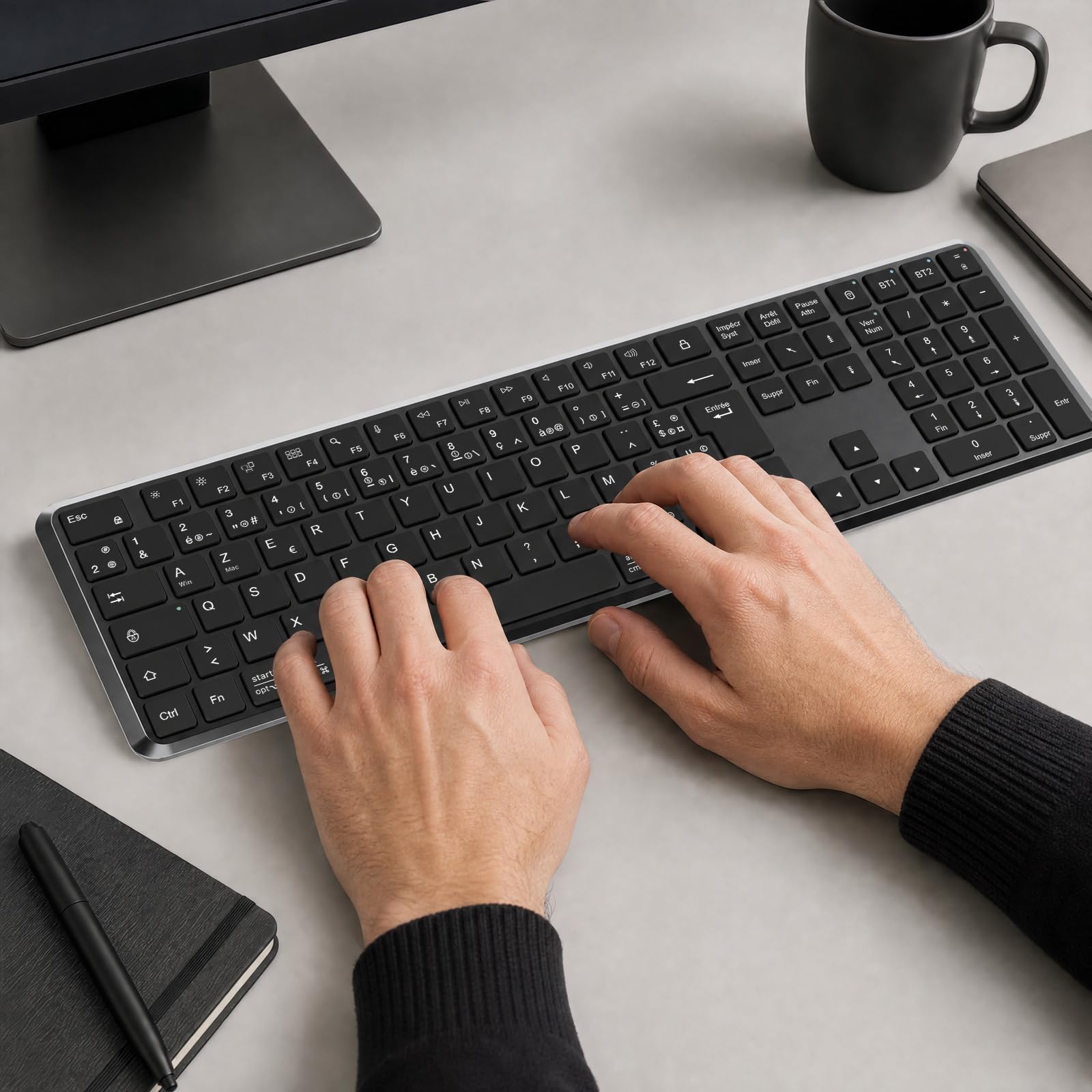 TECURS Clavier sans Fil Bluetooth (2BT + 2.4G), Disposition AZERTY, Noir
