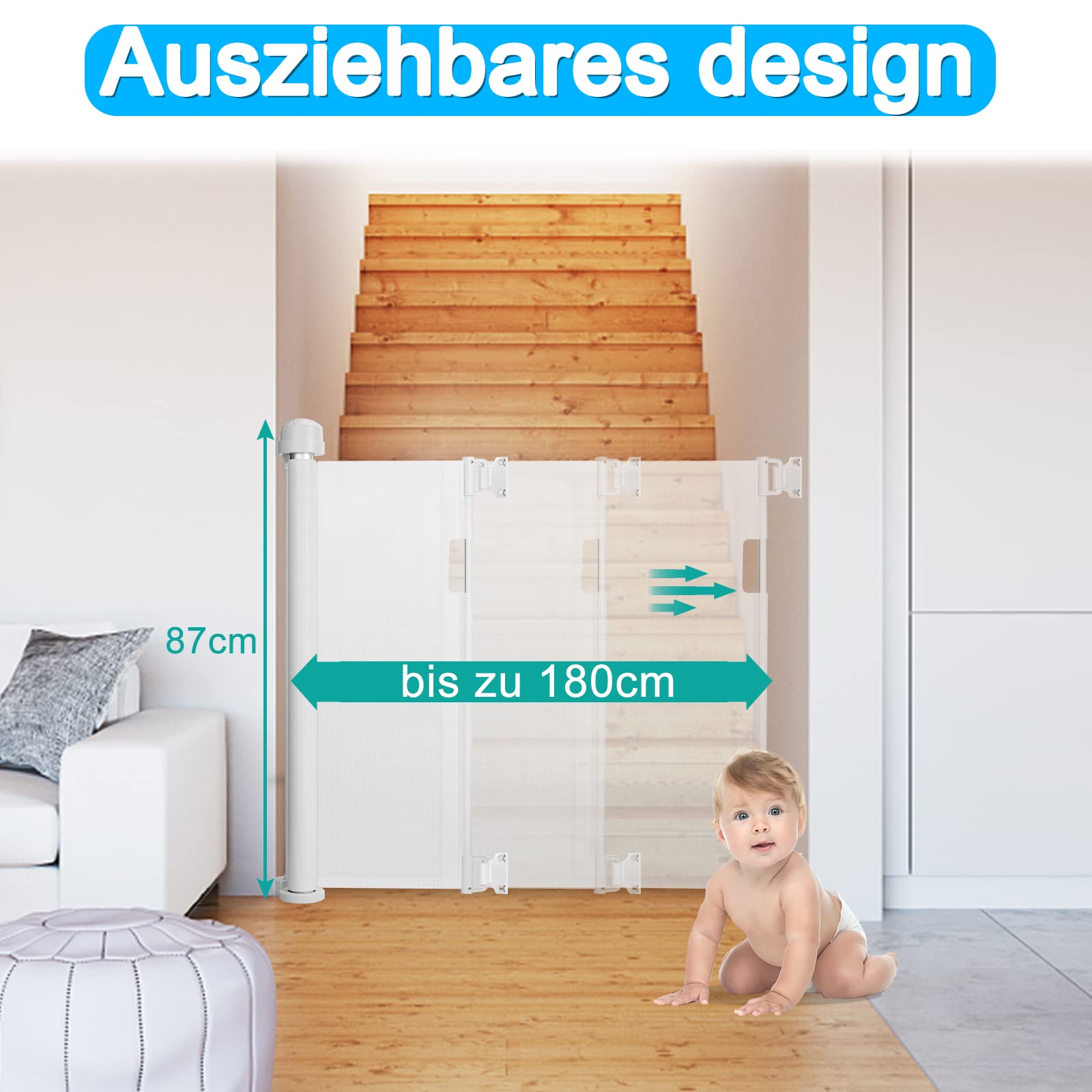 UISEBRT Barrière de Sécurité Rétractable 0 à 180 cm, Barrière de Sécurité Escalier pour bébés Enfants et Chien, barrière pour l'intérieur et l'extérieur, Blanc
