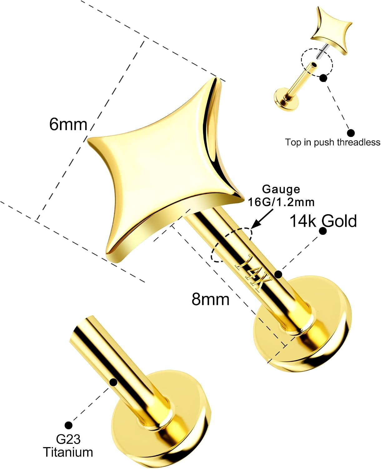 Jewseen 14K Gold Threadless Stud Earrings Star Cartilage Stud Top Push in Threadless Cartilage Earring 16G Flat Back Stud Earring Gold Helix Earring Conch Tragus Earring for Women Men…