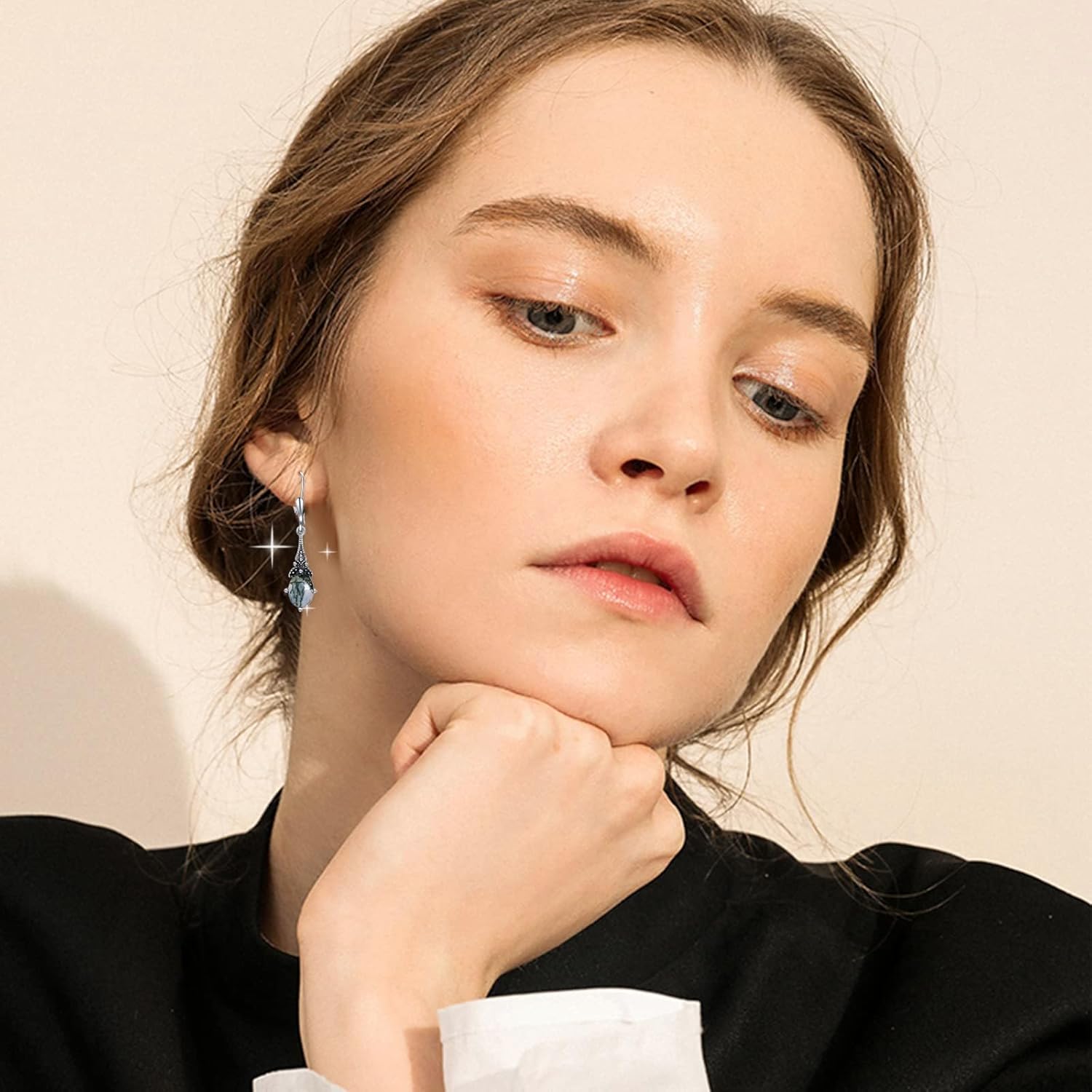 AOBOCO Vintage Earrings for Women Sterling Silver Retro Drop Dangle Leverback Earrings with 8x6mm Oval Genuine or Simulated Birthstone Crystal from Austria, Anniversary Jewelry Gifts for Her (Gift Box) - Image 2