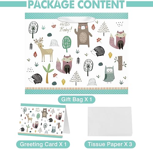 Miniatura 3 de Bolsa de regalo grande de 13 pulgadas con tarjeta y papel de seda para baby shower, cumpleaños de niños (animales del bosque)