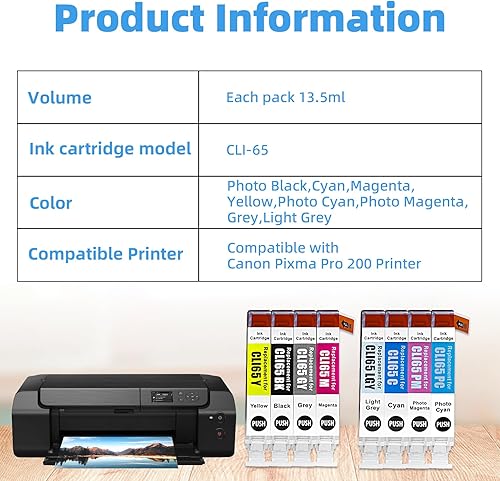 Miniatura 6 de CLI-65 Cartucho de tinta de ocho colores, cartucho de tinta CLI 65 de alto rendimiento compatible con Canon Pixma Pro 200 Impresora-8 PC