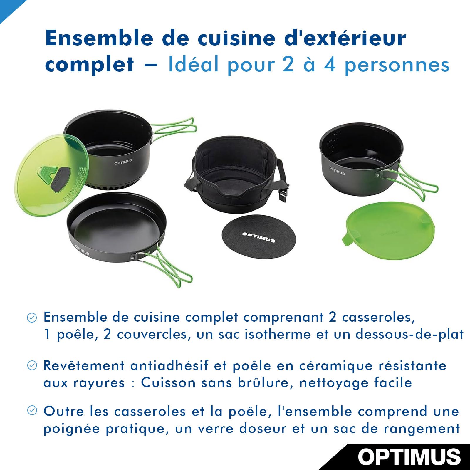 Batterie de Cuisine Optimus Terra Camp – Batterie de Cuisine d'extérieur 7 pièces avec échangeur Thermique, Sac Isotherme et revêtement antiadhésif | pour 2 à 4 Personnes | 1160 g | Ø 233 × 136 mm