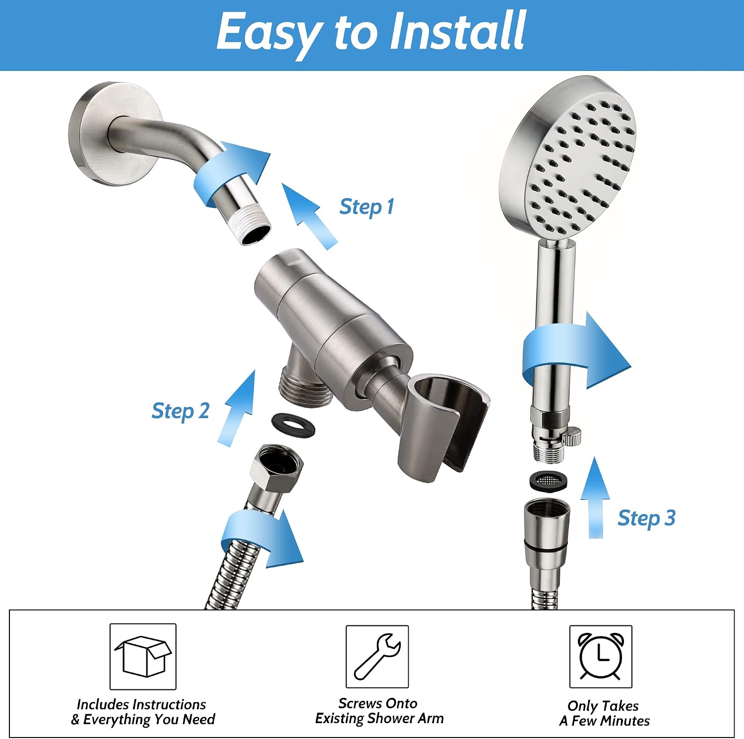 Solid Metal Brushed Nickel Handheld Shower Head With Extra Long Stainless Steel Hose & Brass Holder ,Equipped with Flow Valve to Control Water Pressure, Hotel Quality