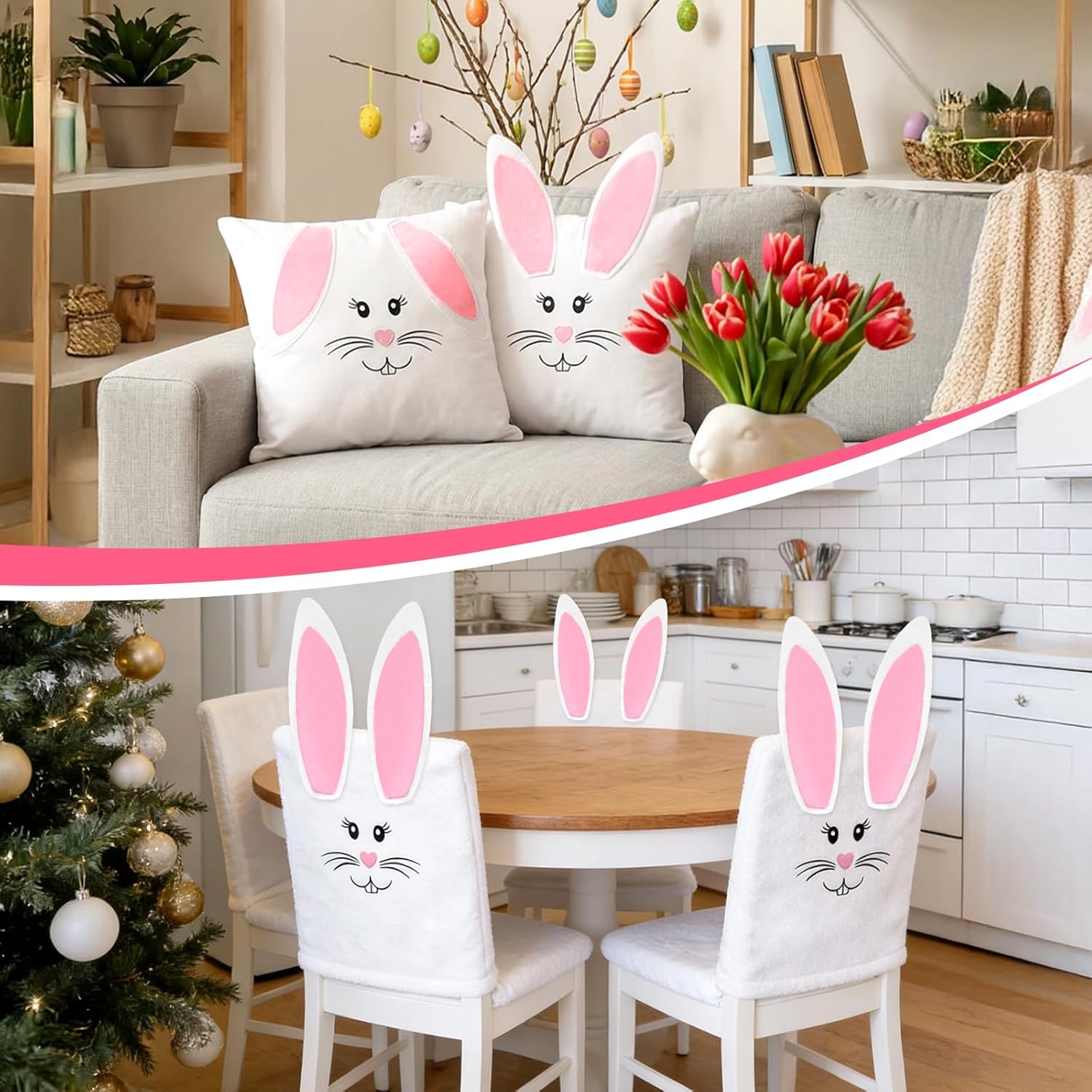 Irenare Bunny Chair Cover Set of 6 Cute Rabbit Chair Back Cover Removable and Washable Stretch Animal Slipover for Spring Dinning Table Room Kitchen Holiday Birthday Party Decor