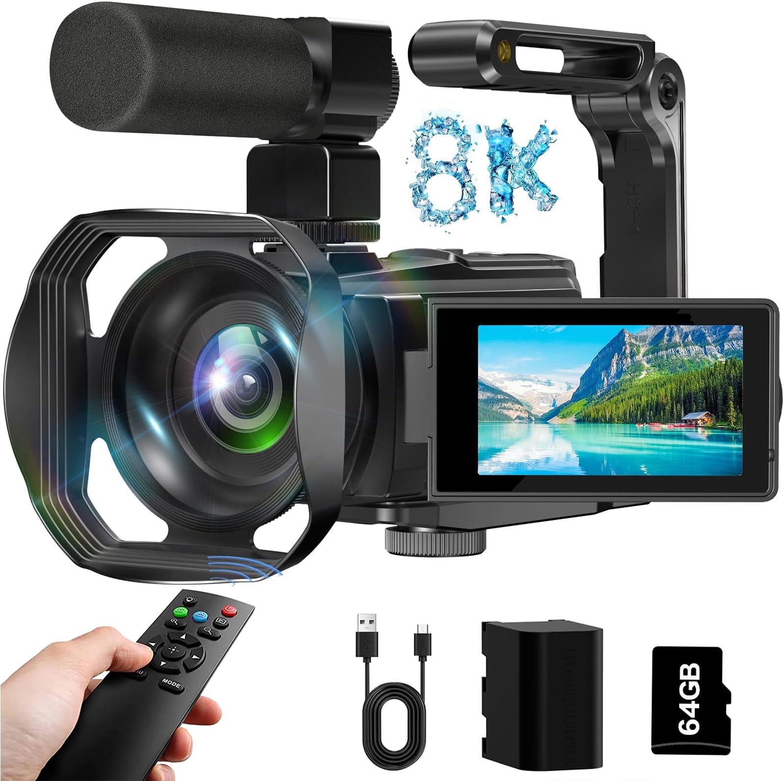 8K Video Camera Camcorder, 64MP IR Night Vision Vlogging Camera,18X Zoom 3.0“ Screen WiFi Camcorder for YouTube with with Microphone, Lens Hood, Stablizer, 64GB SD Card, One 4500mAh Battery