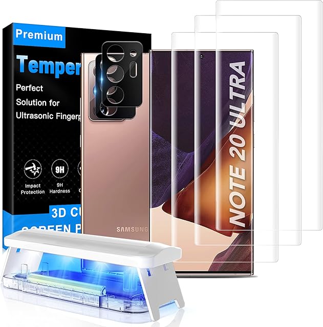 Mowei (3+2 Pack for Galaxy Note 20 Ultra Screen Protector, [100% Ultrasonic Fingerprint Unlocking] 3X 3D Curved Tempered Glass and 2X Camera Lens Protector for Samsung Note20 Ultra 5G