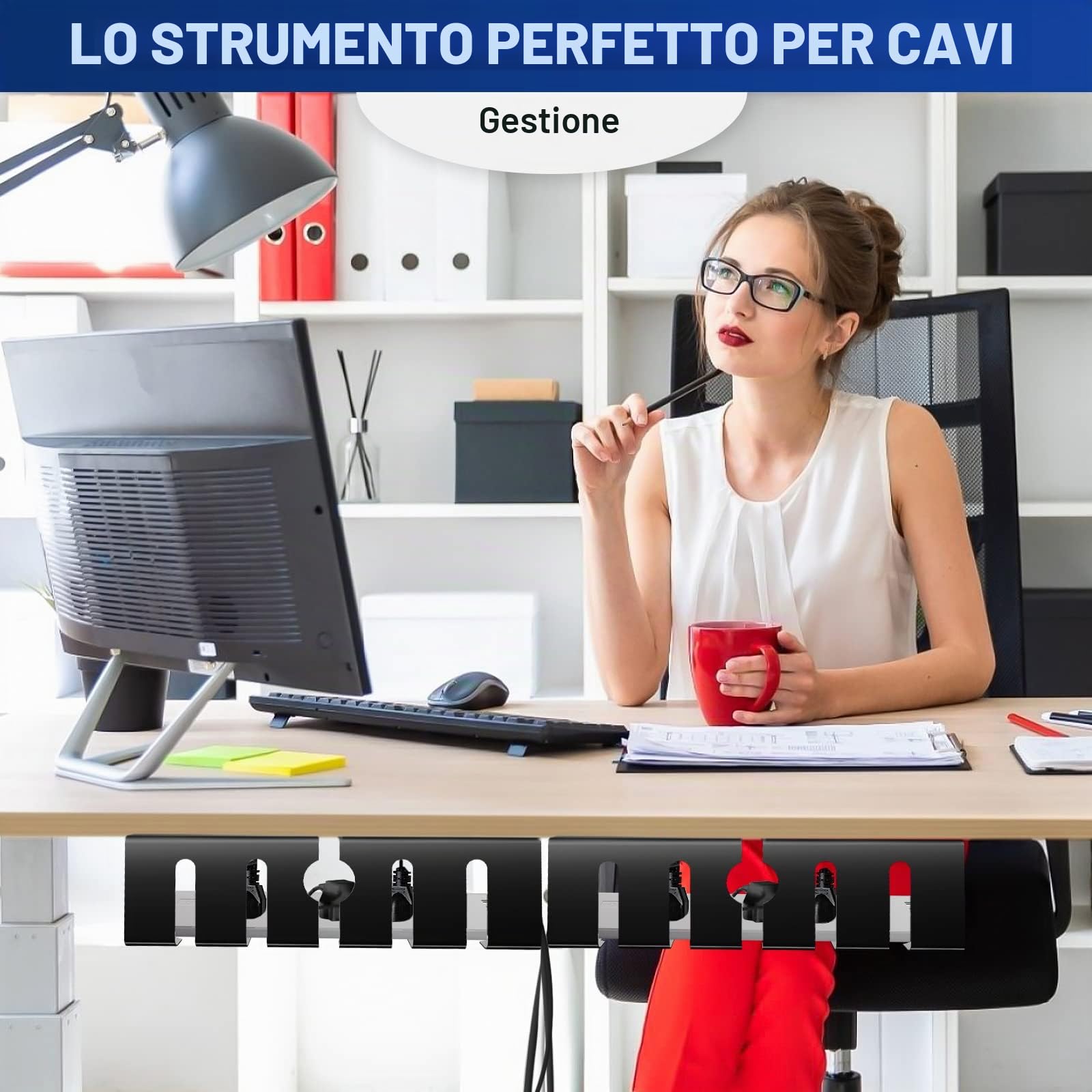 Lannvan Raccogli Cavi Scrivania - Set da 2 Portacavi Sotto Scrivania - Nascondi Cavi Scrivania per la Gestione di Cavi e Prese - 40cm Canalina Passacavi - No Fori da Trapano - Nero
