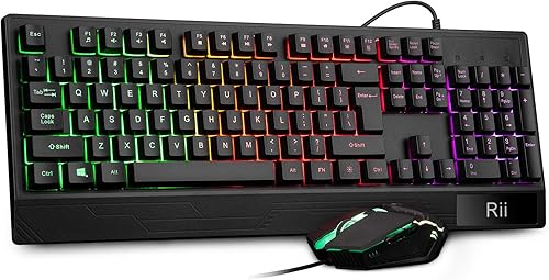 Rii Combo de teclado y mouse para juegos, cable USB, teclado retroiluminado LED RGB de 104 teclas con reposamuñecas para PCportátil (negro)