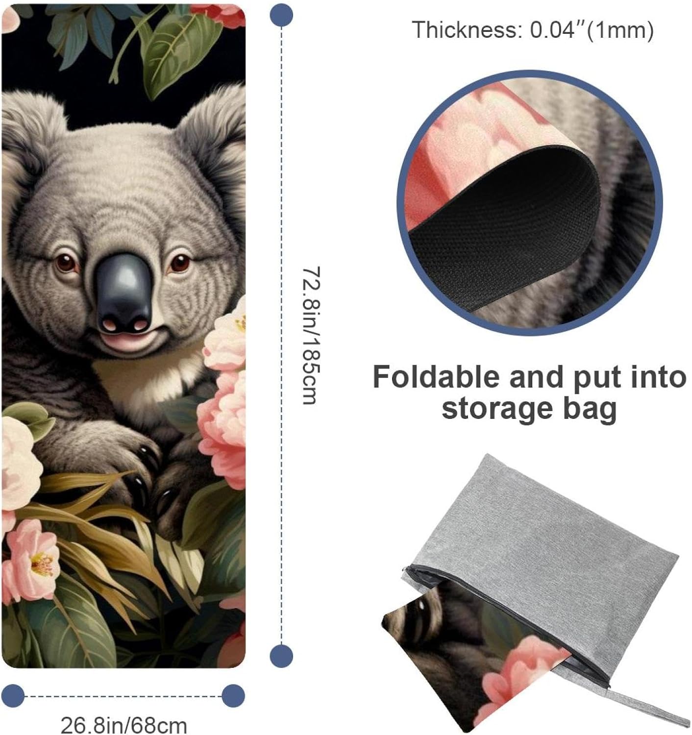 Yoga Towel, Koala Flowers Pattern Non Slip Sweat Absorbent Hot Yoga Mat Towel for Hot Yoga, Pilates and Fitness - 72.8" x 26.8"