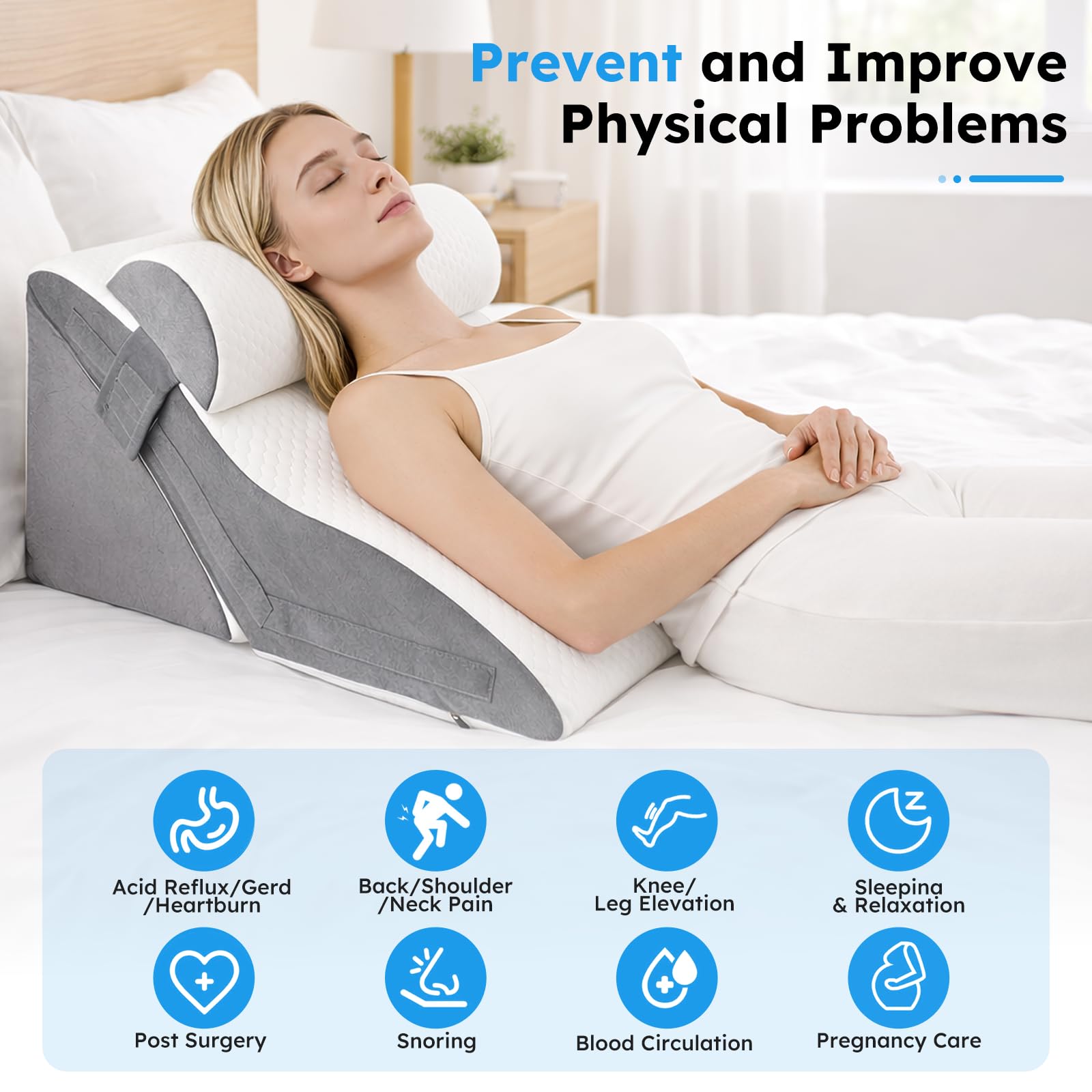 Cuscino a cuneo per dormire, in memory foam, con poggiatesta, inclinazione regolabile, cuscino triangolare rialzato per reflusso acido, sollievo dal mal di schiena, russare, supporto per gambe