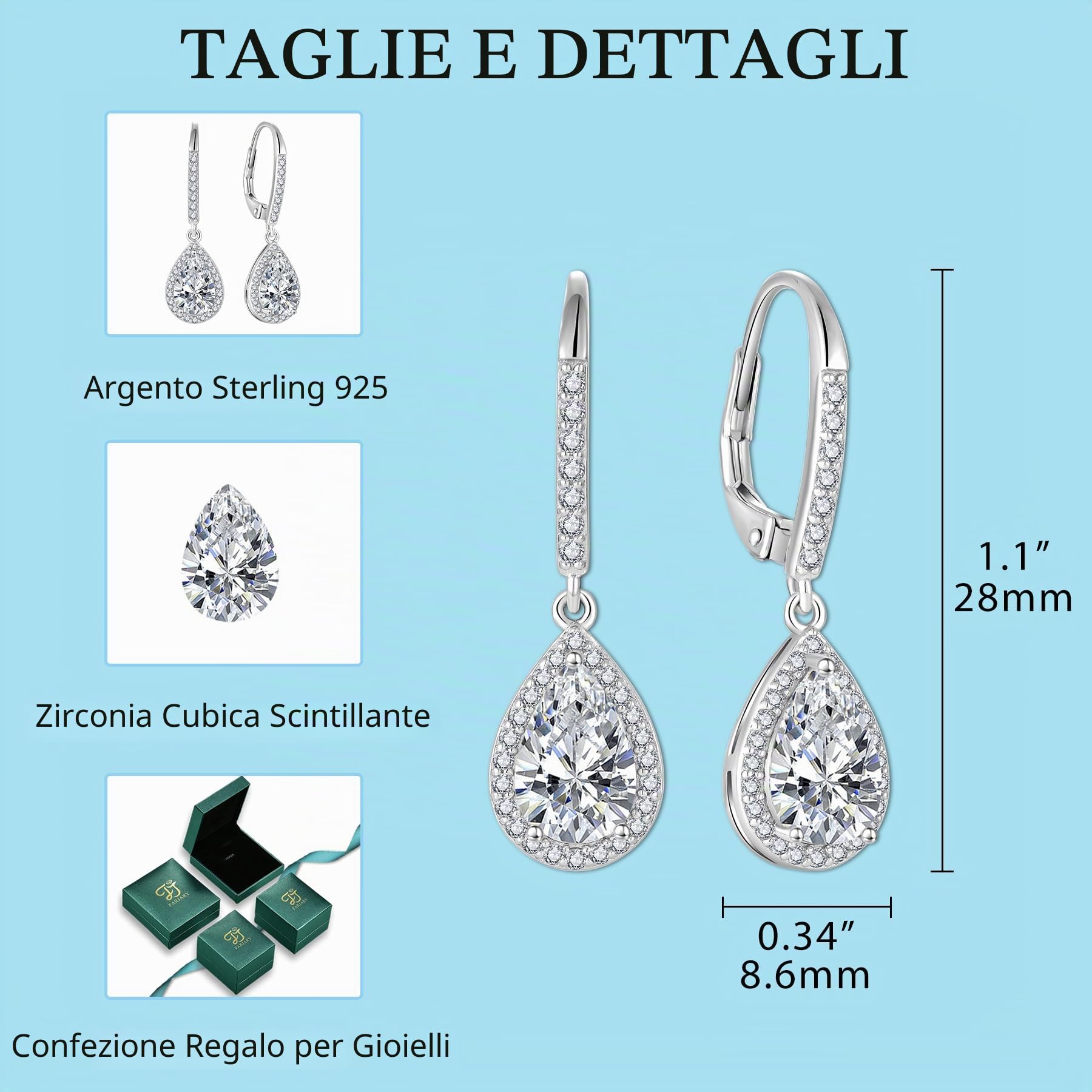 FJ Orecchini Pendenti Goccia Orecchini Halo Solitario Argento 925 Orecchini Pietre Portafortuna Gioielli Regalo per Donna