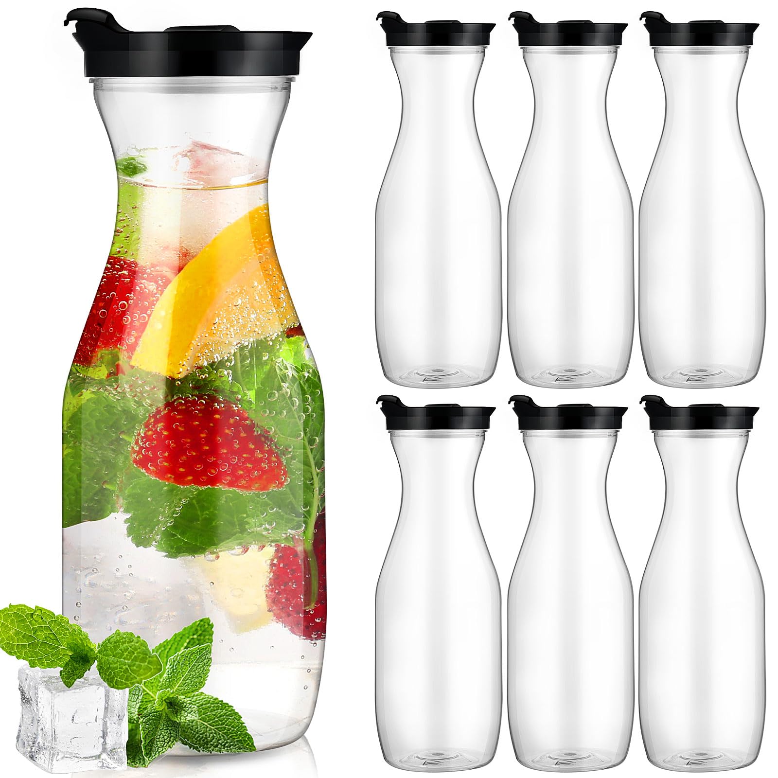 Gejoy 6 Pcs Plastic Water Carafe with Lid 32 Oz Clear,Black Cap