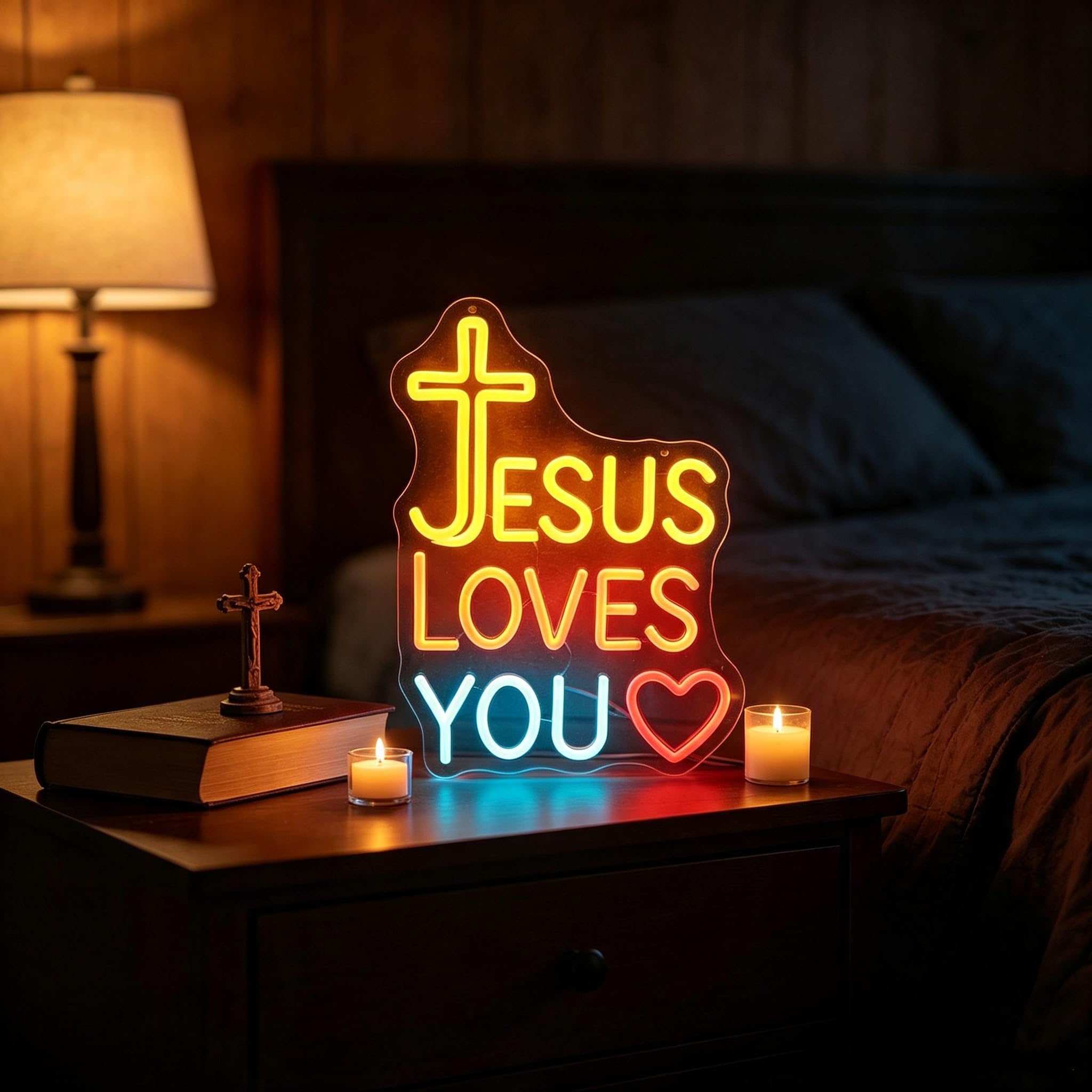 Insegna al Neon a Lettere LED Regolabile Scritta JESUS Alimentazione USB | Luce Regolabile per Stanze e Chiese - Decorazione Cristiana per Camera da Letto e Soggiorno, Illuminazione Ispirata alla Fede