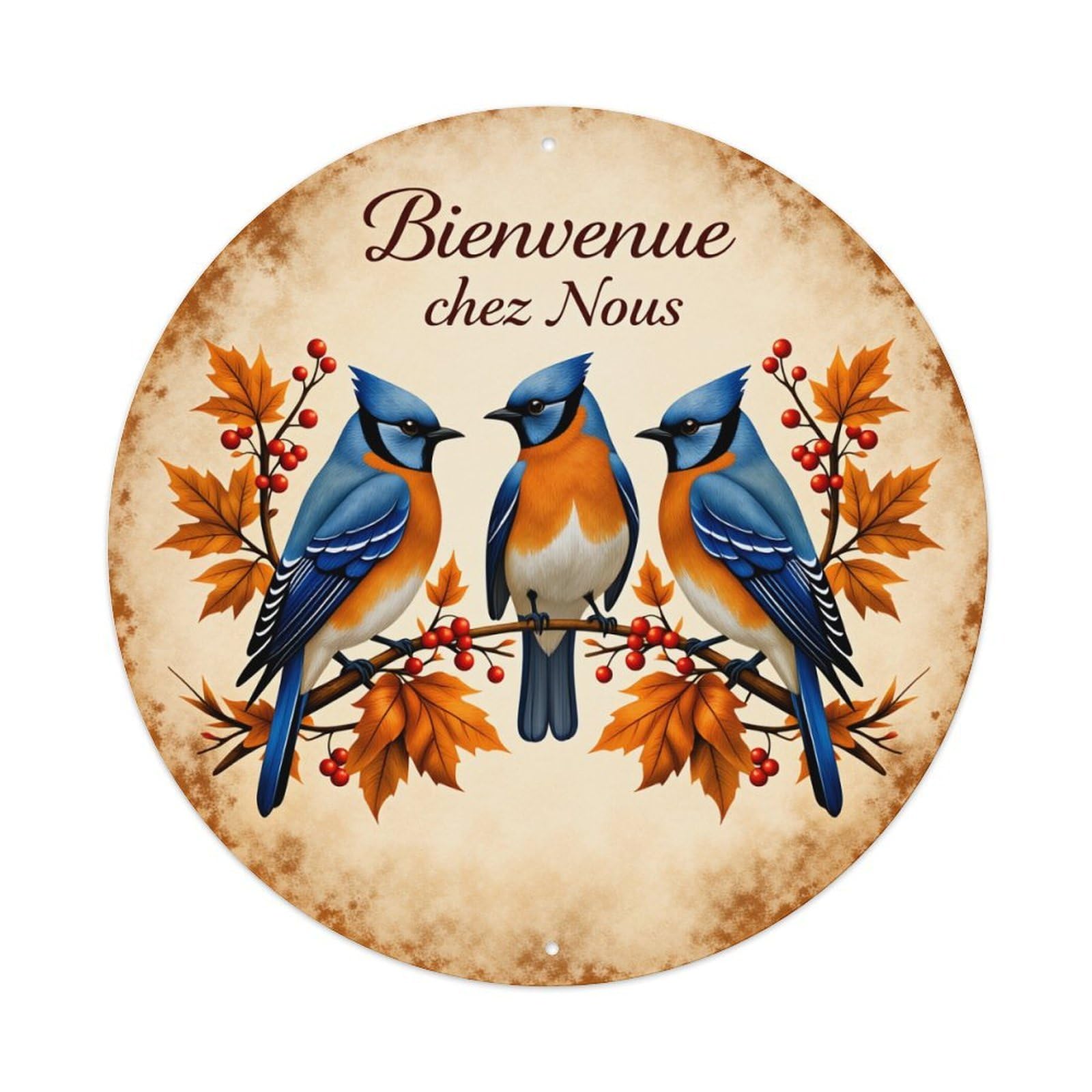 Birds Autumn Leaves Berries Branch Round Tin Sign Vintage Style Metal Sign Home Bar Garden Wall Plaque Decor Metal Poster 8x8 Inch