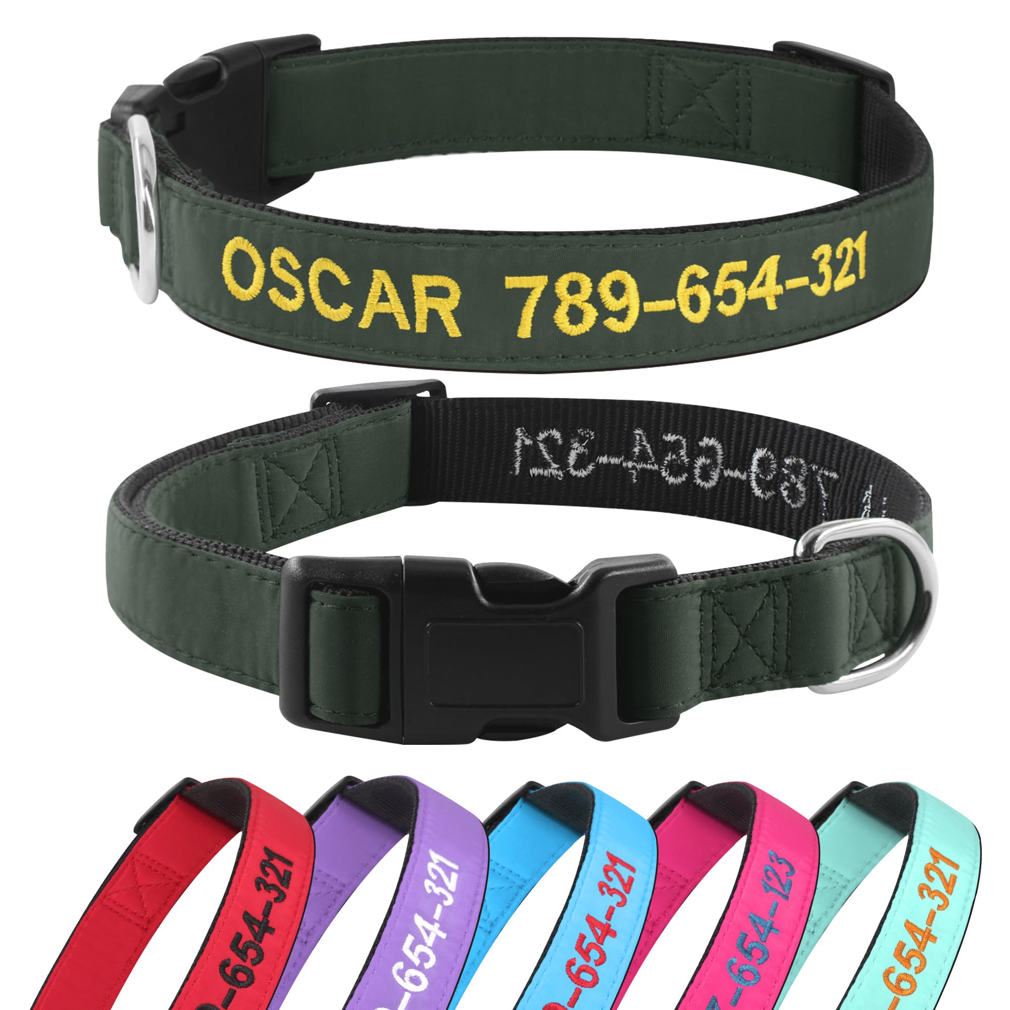 Collar Perro Personalizado,Bordado con Nombre y Número de Teléfono para Perros Extrapequeño Pequeños Medianos y Grandes(Verde Militar)