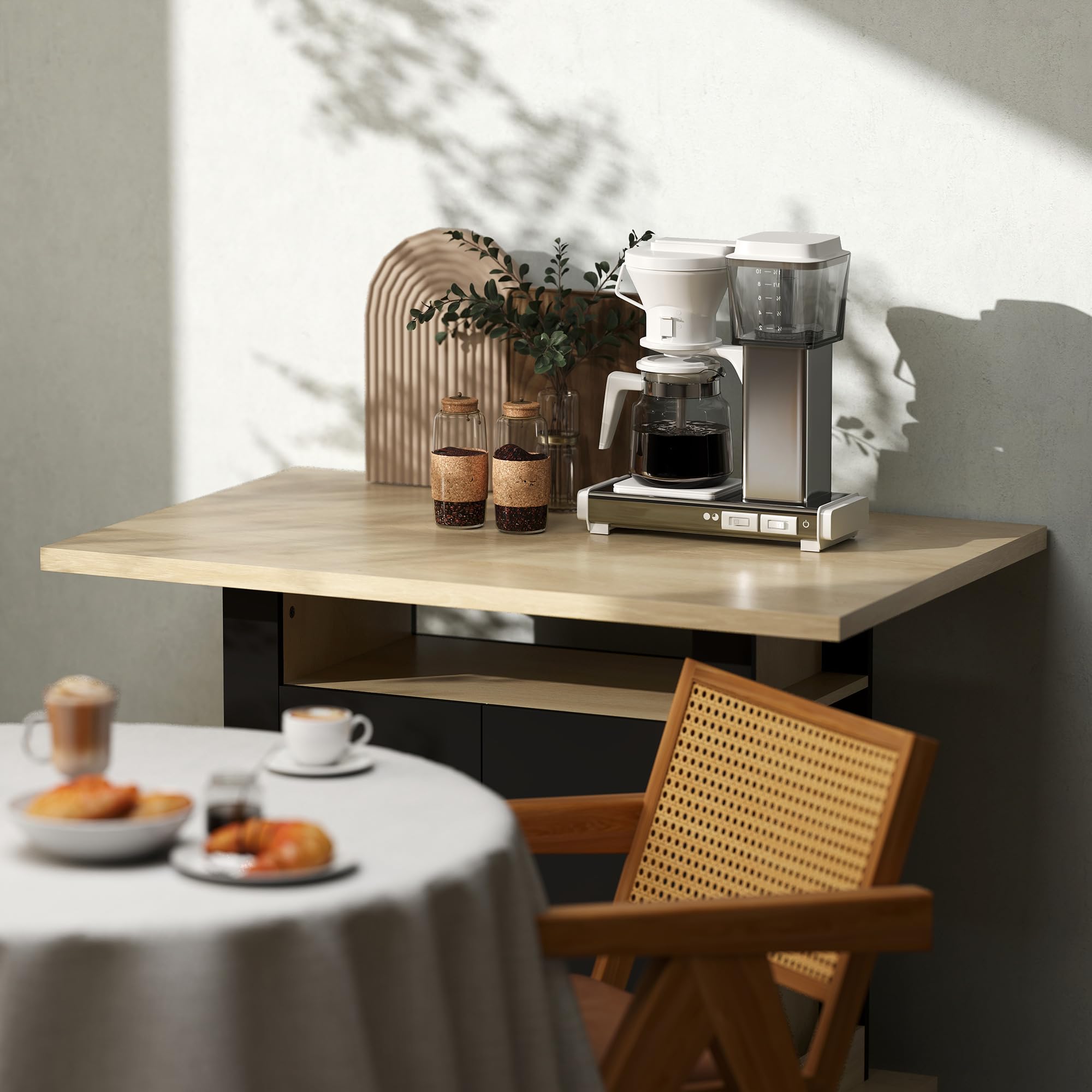 HOMCOM Îlot Central Cuisine Table à Manger Meuble de Rangement avec Grand Plan de Travail 4 Personnes - Placard 4 Portes et étagères - en Bois - 110 x 70 x 75,5 cm Noir et Naturel