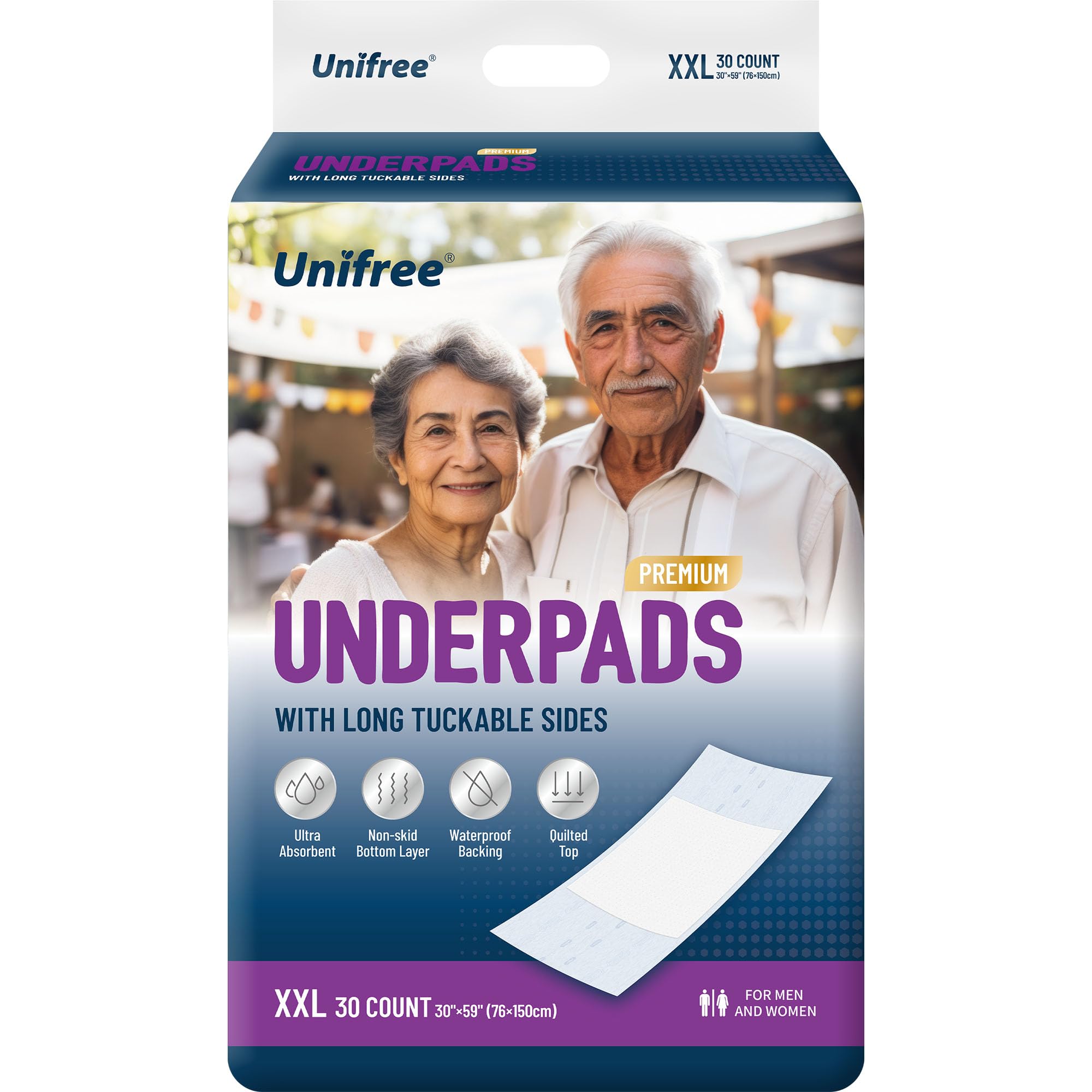 UNIFREEPremium Disposable Underpads, Tuckable BedPads, Incontinence Pads with Tuck-in Sides, Anti-slipBack, Super Absorbent Chux Pads, Heavy Duty, 30Count (XXL 30x59 Inch)