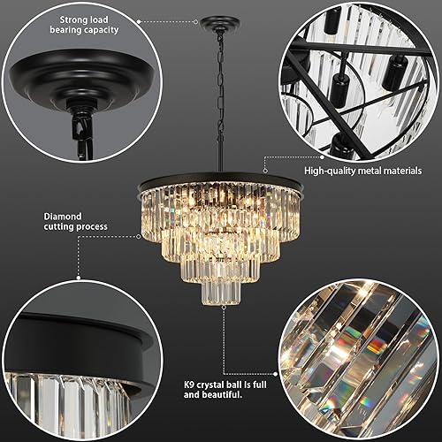 Miniatura 6 de Candelabros de cristal para comedor sobre mesa, 15 luces negras modernas para sala de estar, accesorios de iluminación redondos de cristal de 4