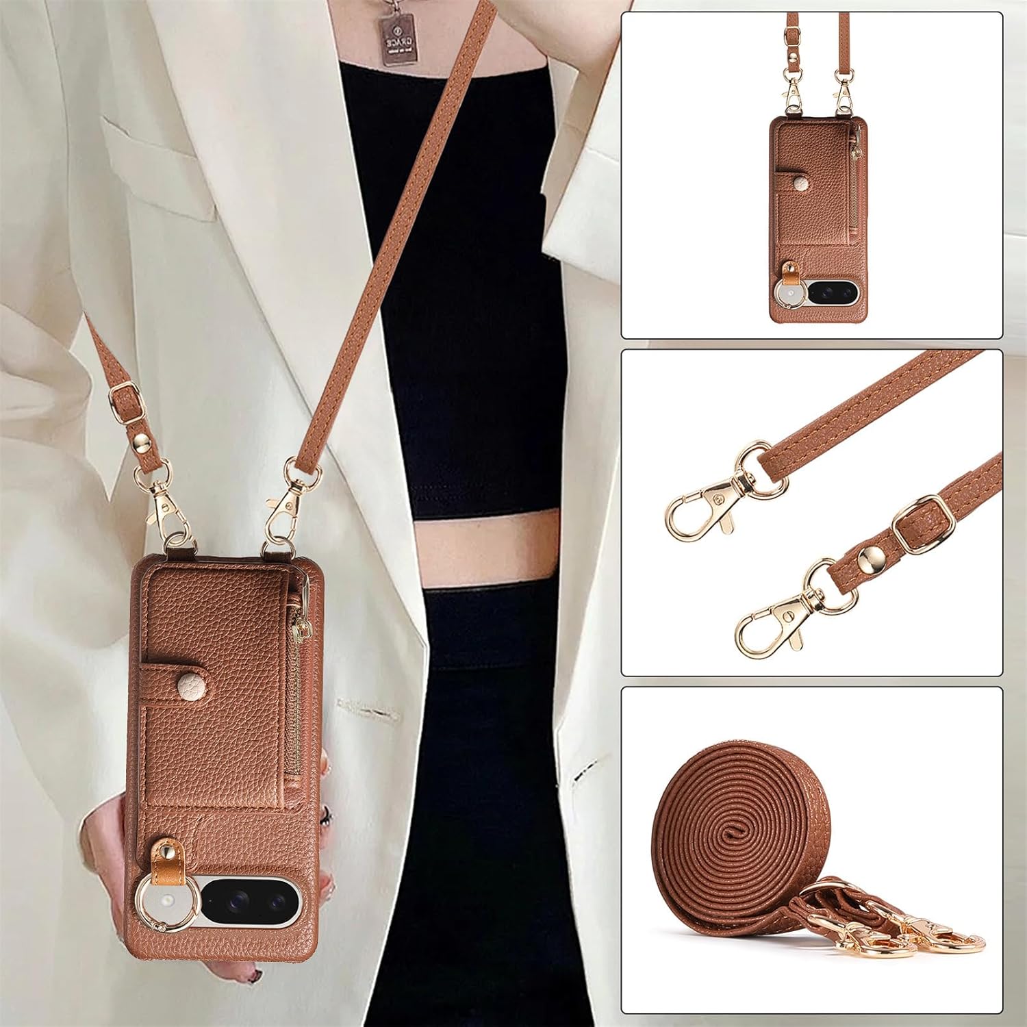 Wallet Case for Google Pixel 9 Pro XL with Lanyard Strap Card Slot Holder RFID Blocking 360° Ring Kickstand,Magnetic Flip Folio Zipper Purse Case, PU Leather Cover Handbag,Brown